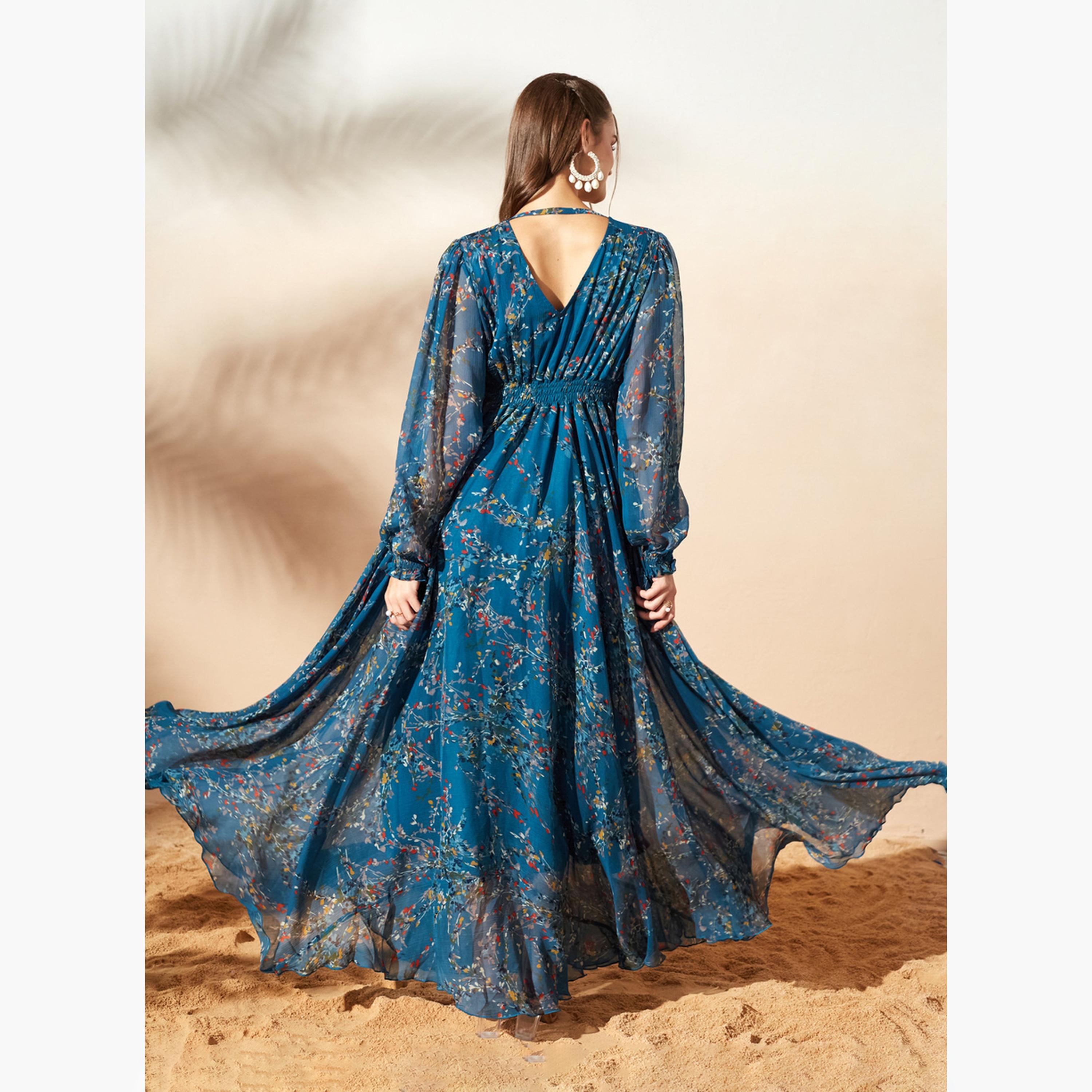 فستان طويل بحافة واسعة وطبعة أوراق شجر-women-clothing-dresses-image-5