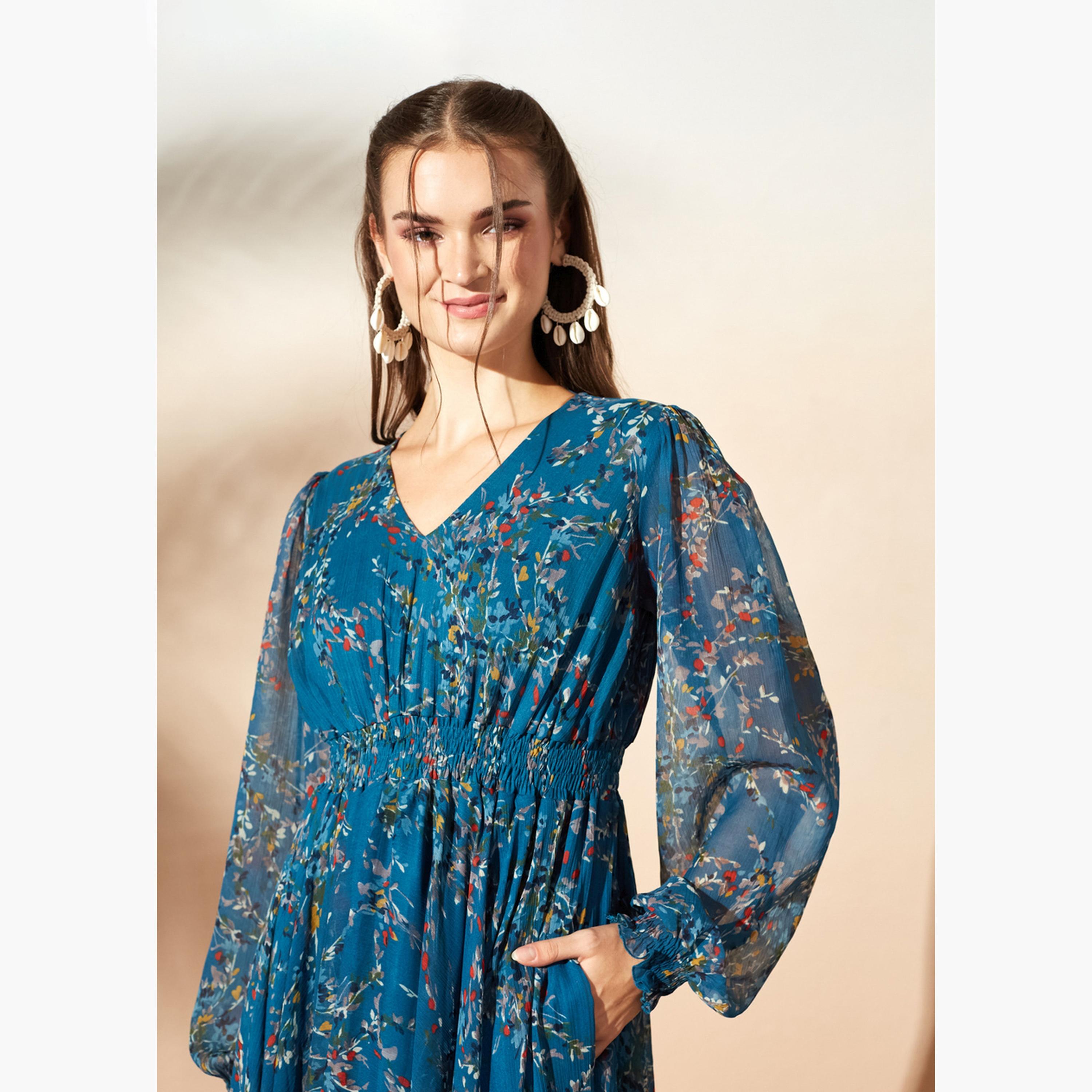 فستان طويل بحافة واسعة وطبعة أوراق شجر-women-clothing-dresses-image-6
