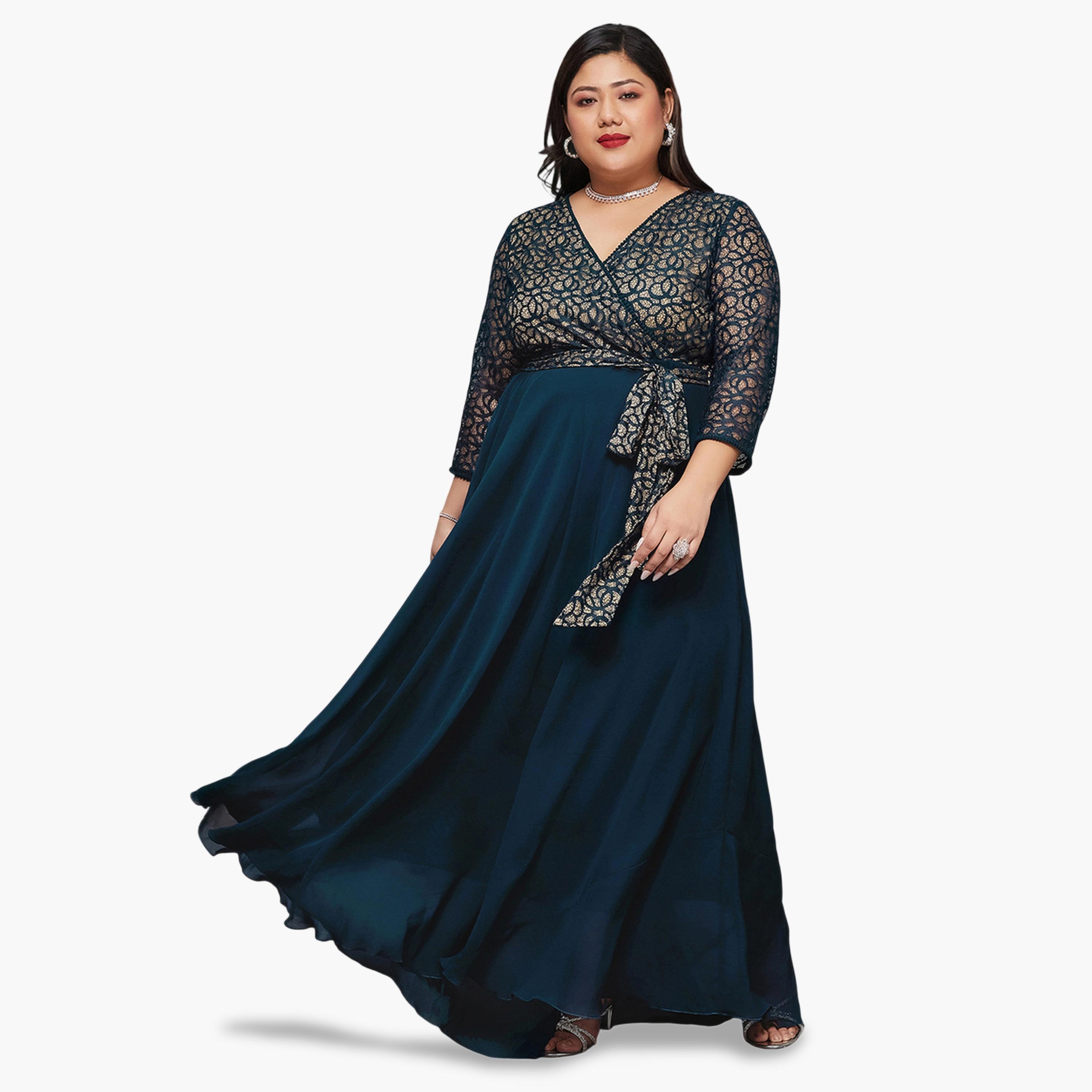 Miss Chase X Styli Plus Size Lace Insert Maxi Dress with Tie-Belt-women-clothing-dresses-image-1