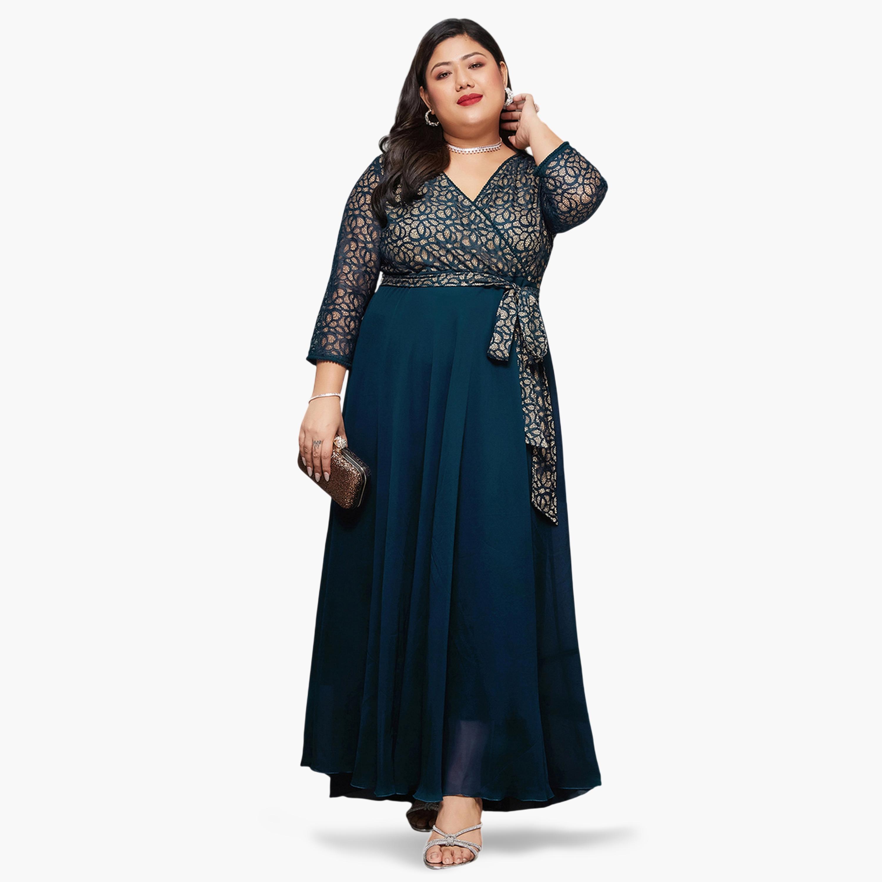 Miss Chase X Styli Plus Size Lace Insert Maxi Dress with Tie-Belt-women-clothing-dresses-image-2