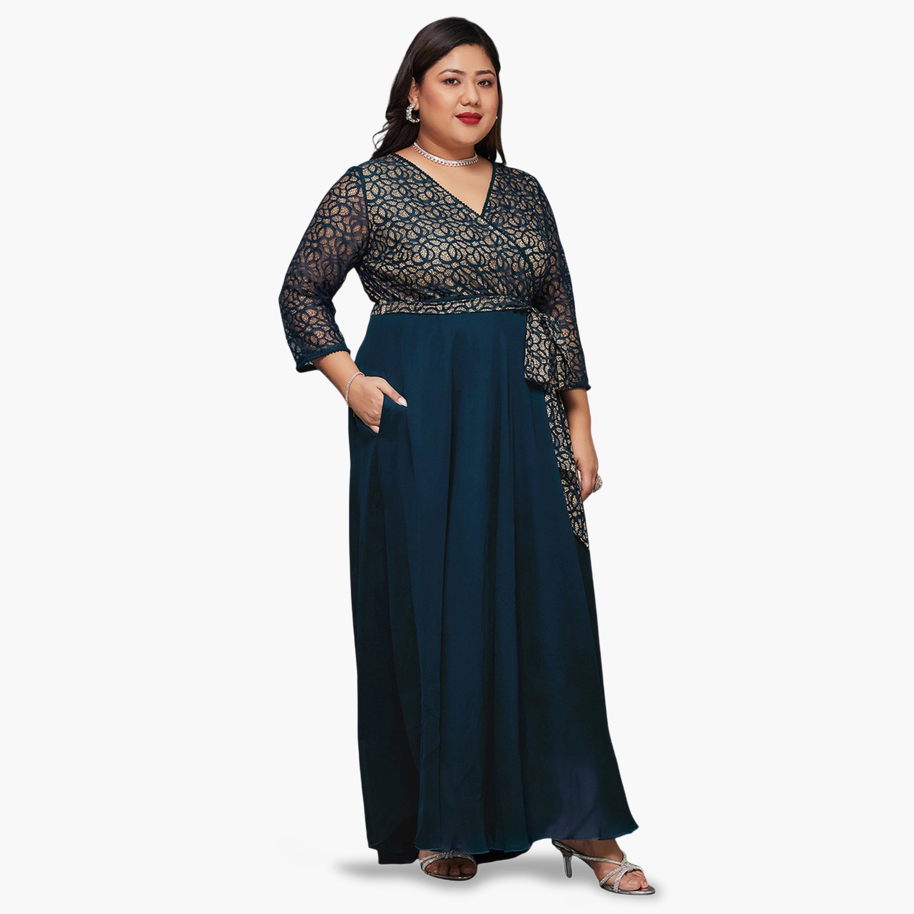 Miss Chase X Styli Plus Size Lace Insert Maxi Dress with Tie-Belt-women-clothing-dresses-image-3