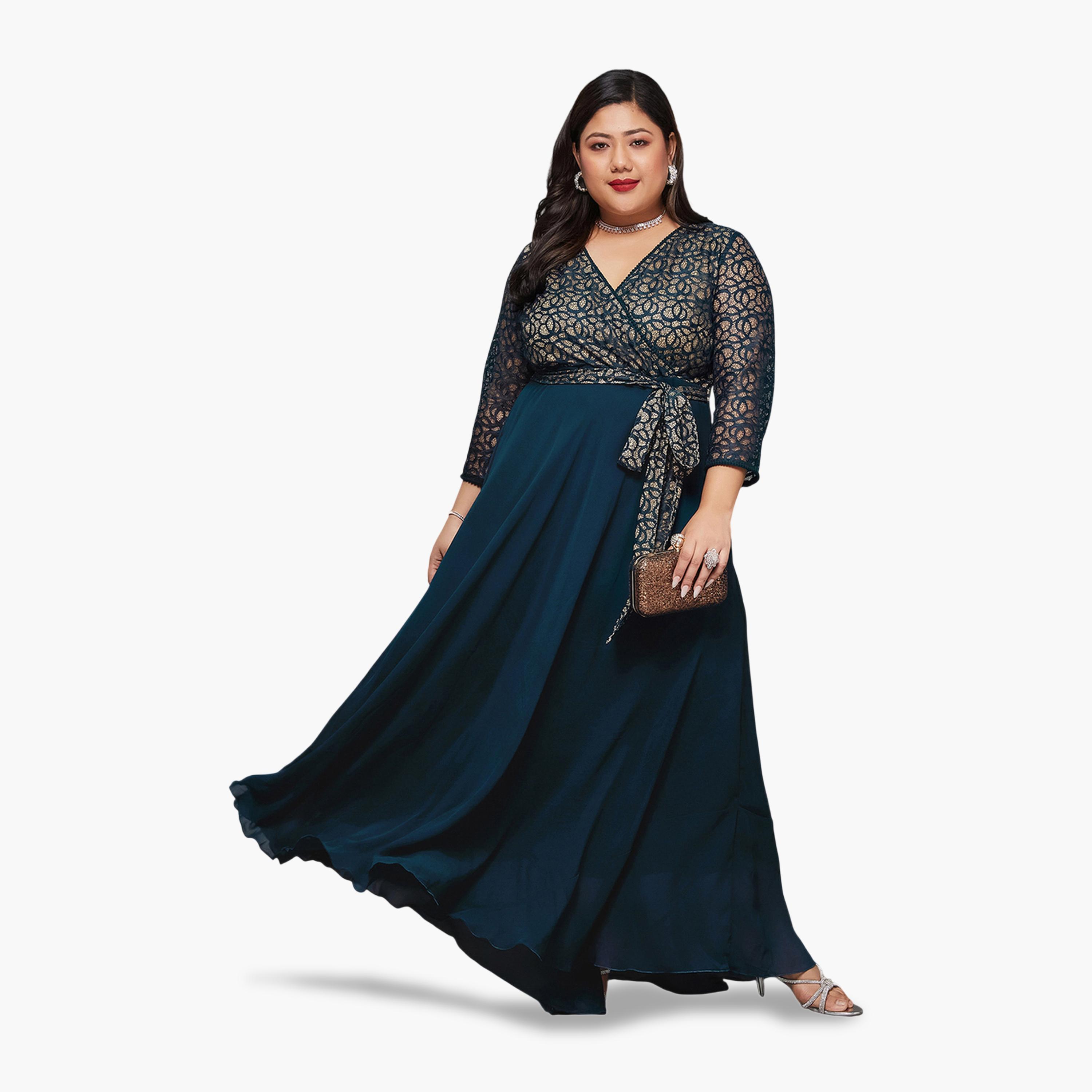 Miss Chase X Styli Plus Size Lace Insert Maxi Dress with Tie-Belt-women-clothing-dresses-image-5