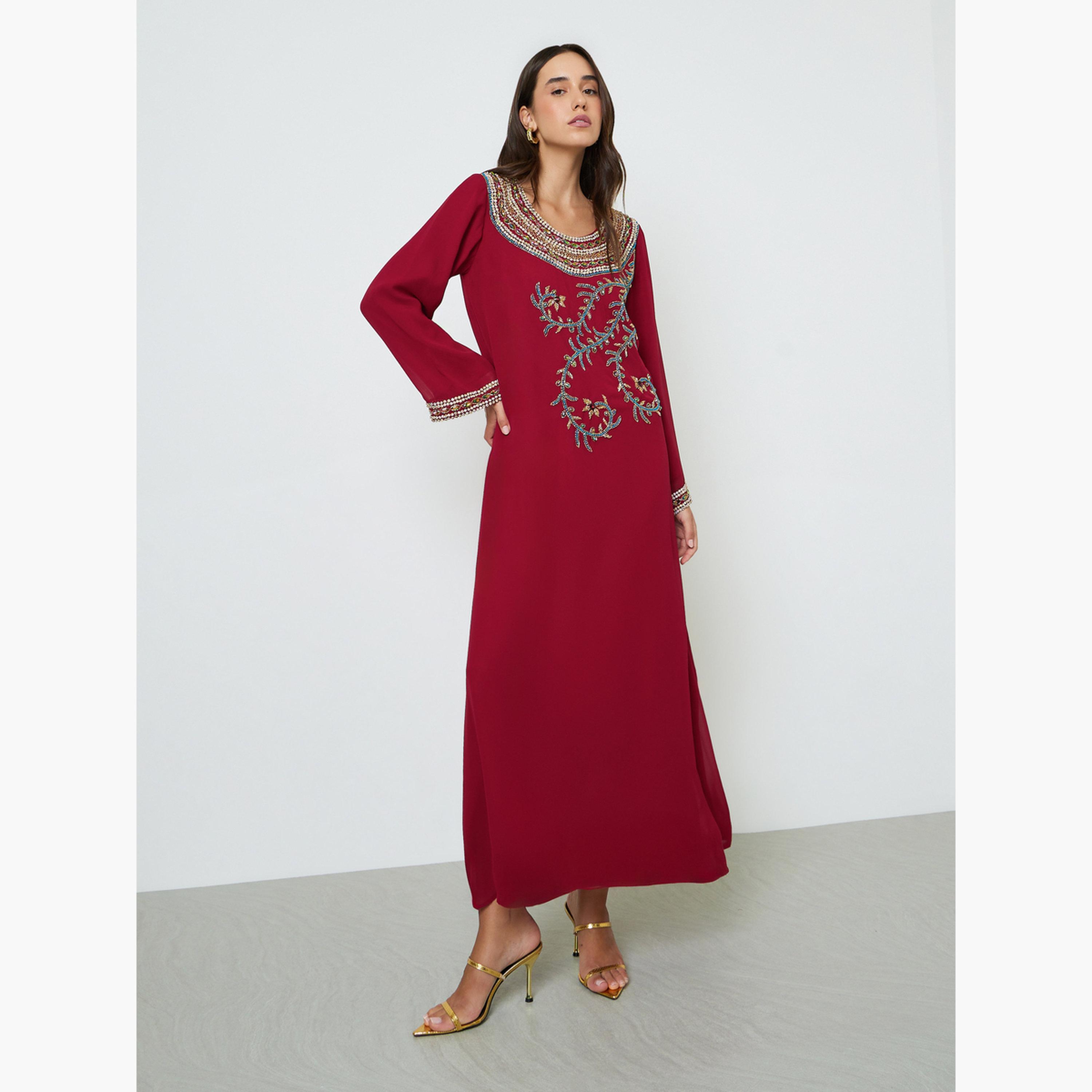 جلابية مزخرفة بأكمام طويلة-women-arabicclothing-jalabiyas-image-1
