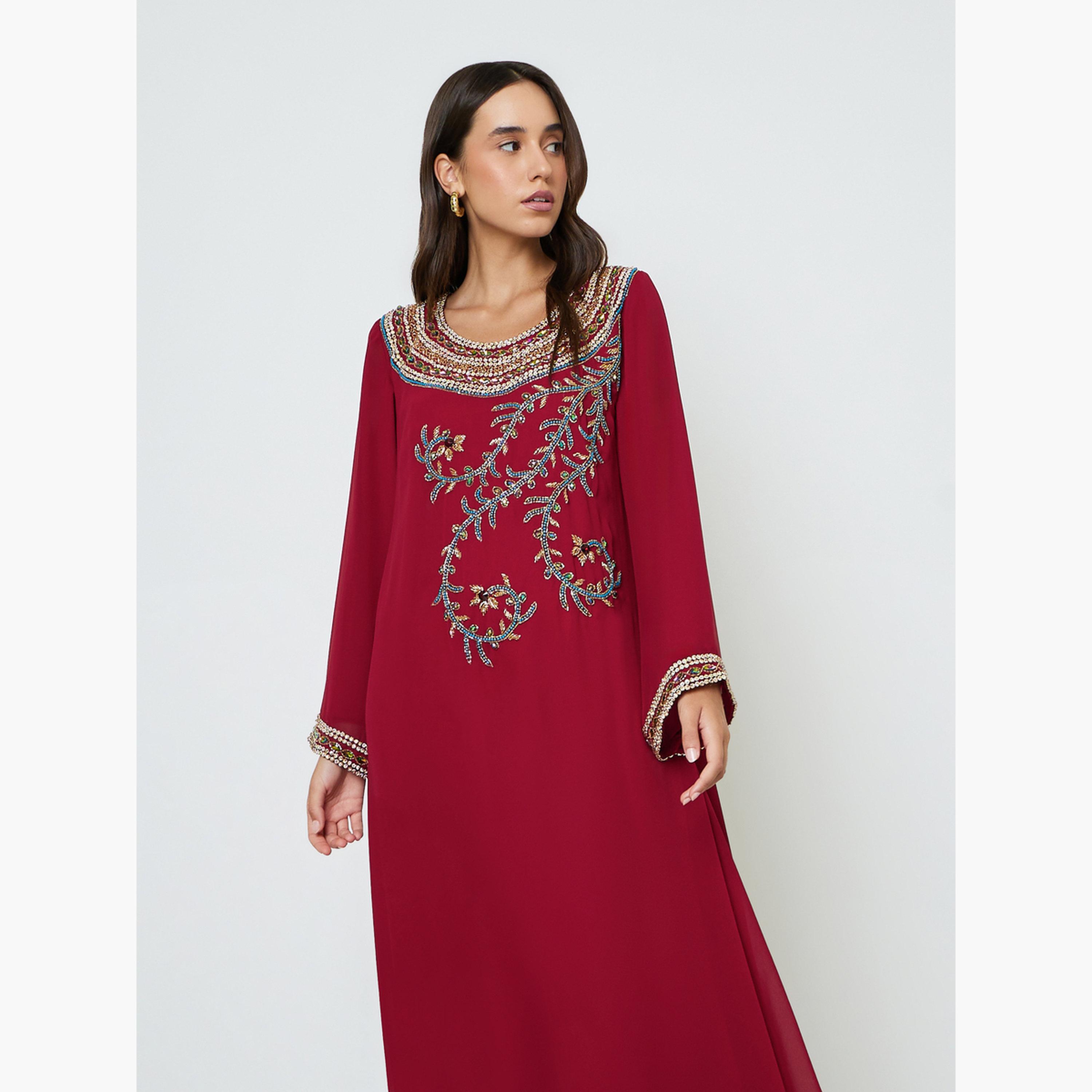 جلابية مزخرفة بأكمام طويلة-women-arabicclothing-jalabiyas-image-2