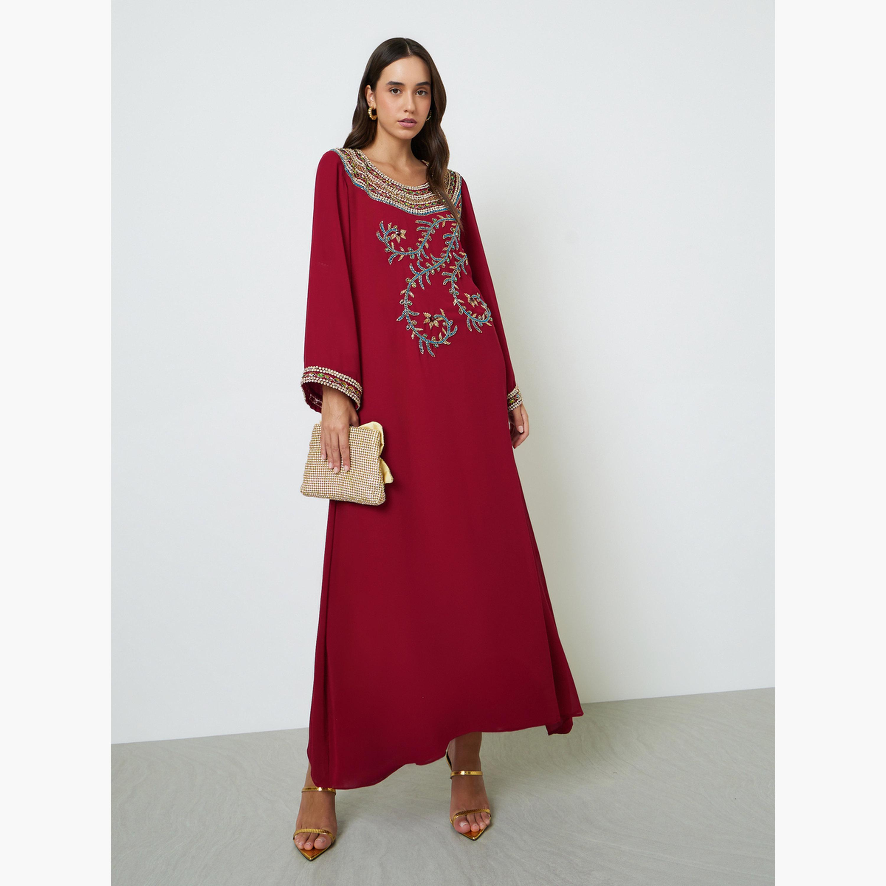جلابية مزخرفة بأكمام طويلة-women-arabicclothing-jalabiyas-image-3