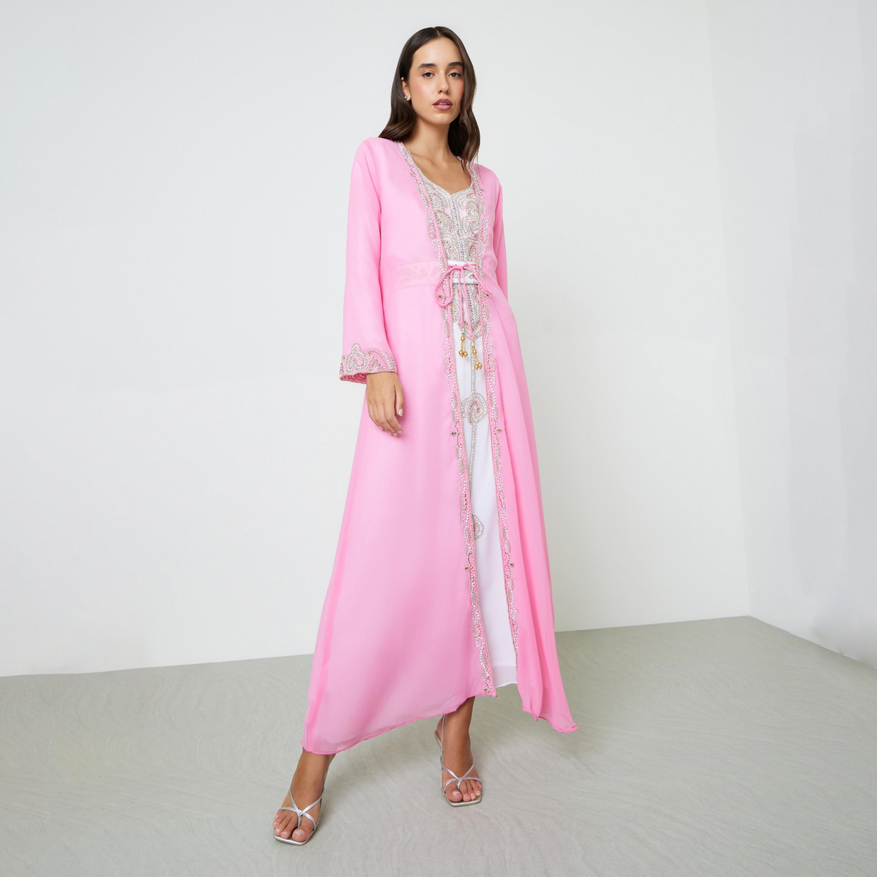 Maxim Creation X Styli Pink Embellished Tie-Up Jalabiya Set-women-arabicclothing-sets-image-1