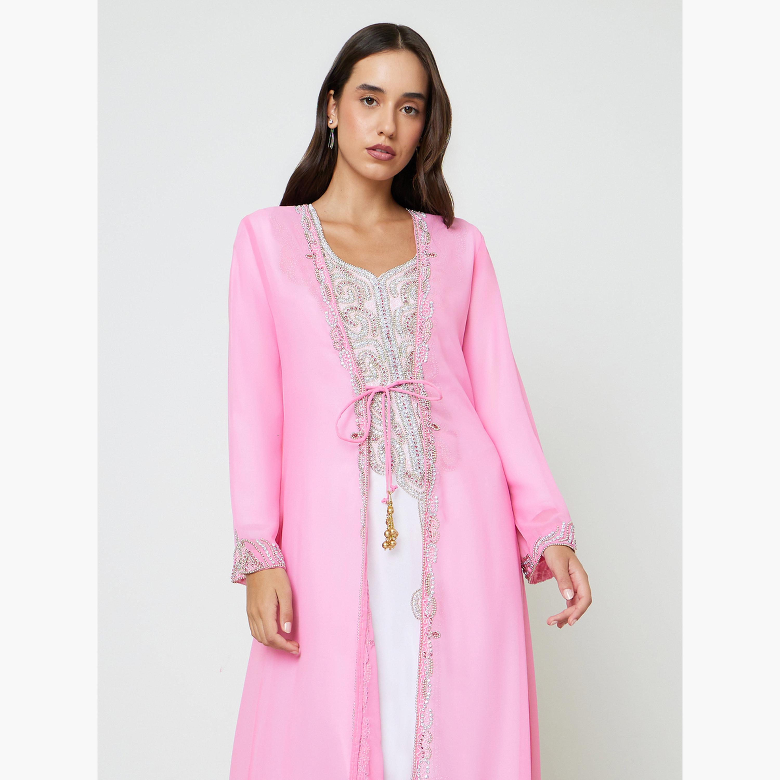 Maxim Creation X Styli Pink Embellished Tie-Up Jalabiya Set-women-arabicclothing-sets-image-3