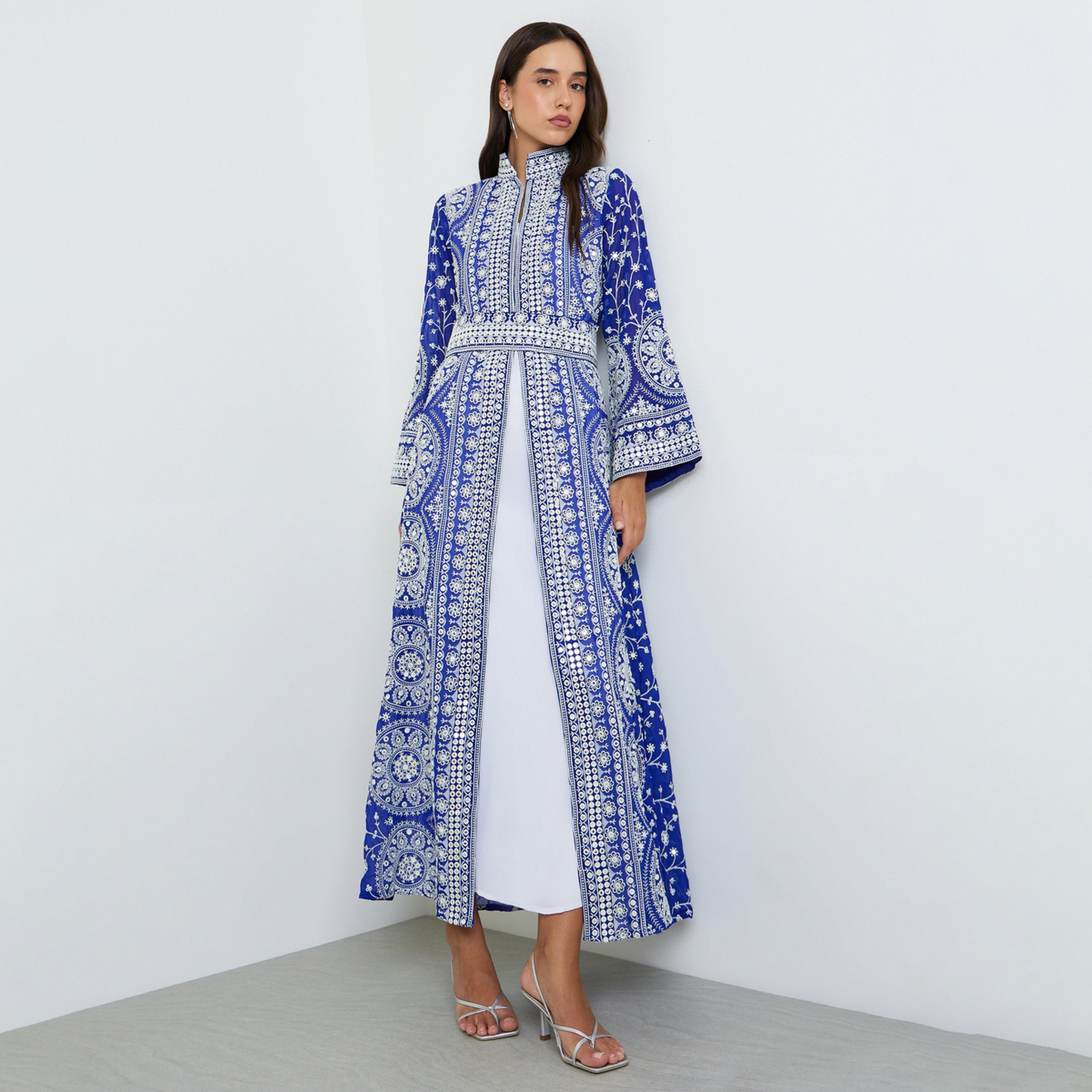طقم جلابية بتطريز خيوط مع فستان طويل وحزام-women-arabicclothing-sets-image-1