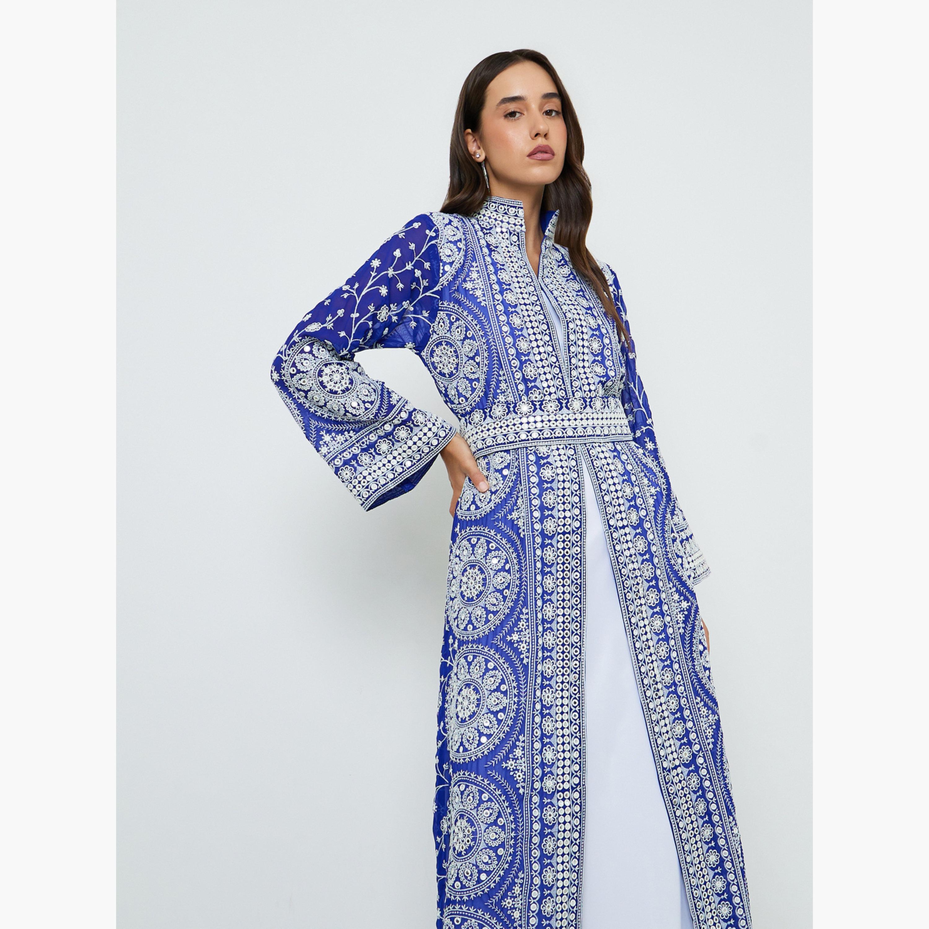طقم جلابية بتطريز خيوط مع فستان طويل وحزام-women-arabicclothing-sets-image-3