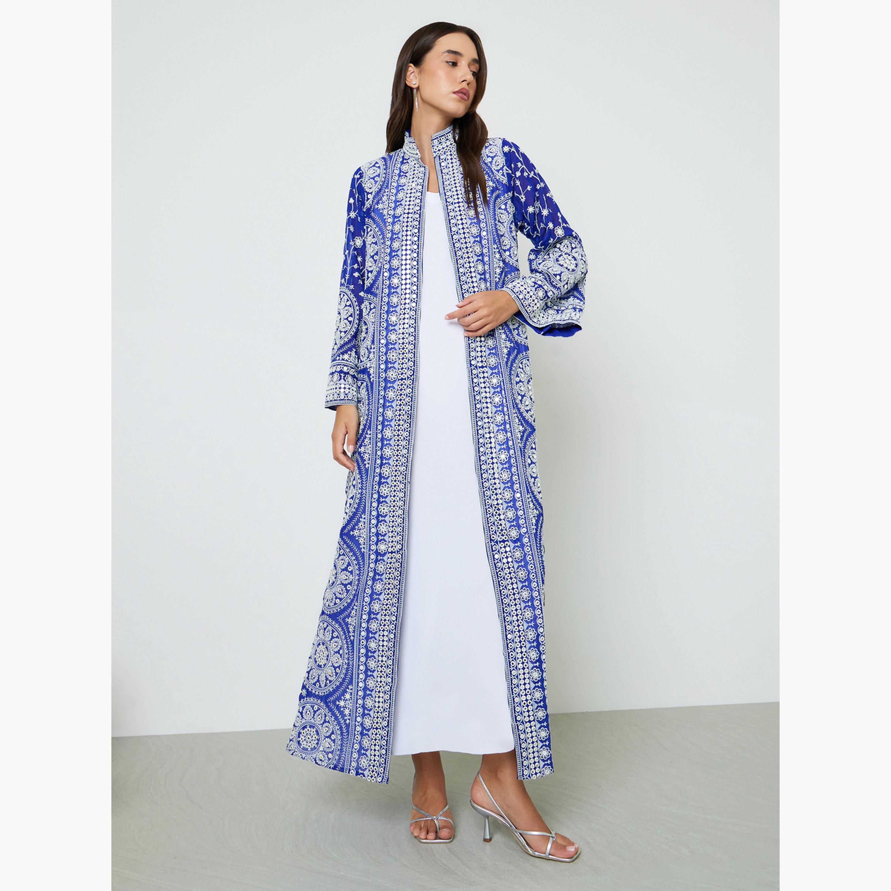 طقم جلابية بتطريز خيوط مع فستان طويل وحزام-women-arabicclothing-sets-image-4