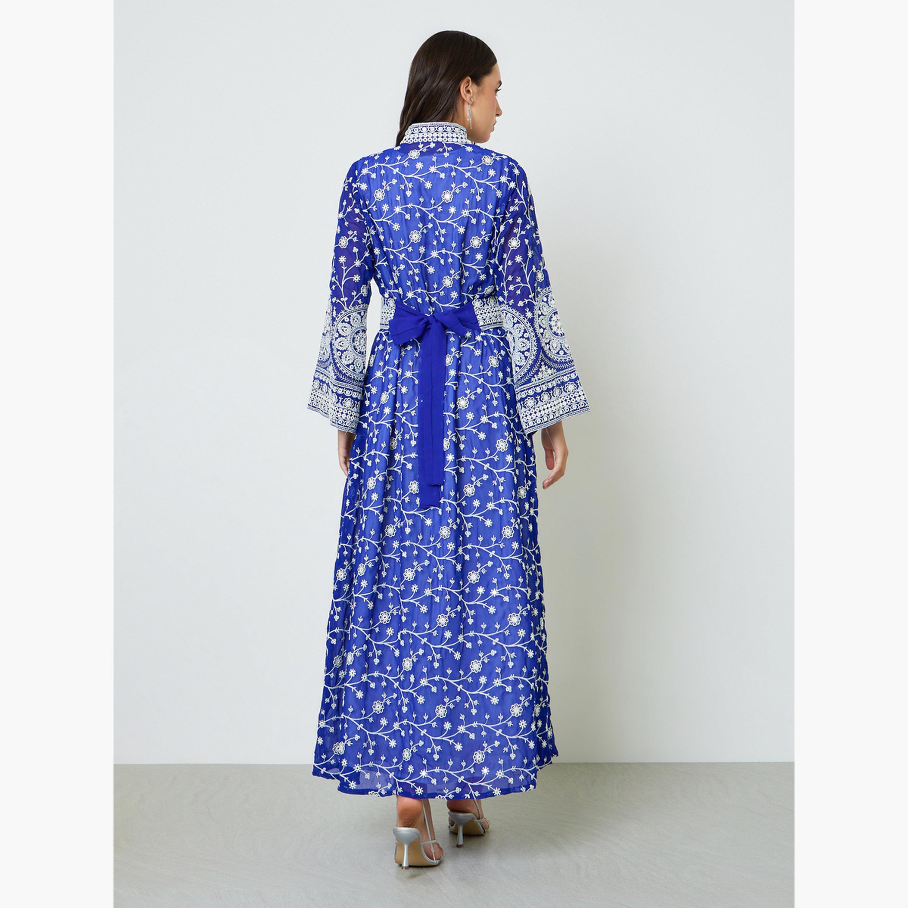 طقم جلابية بتطريز خيوط مع فستان طويل وحزام-women-arabicclothing-sets-image-5