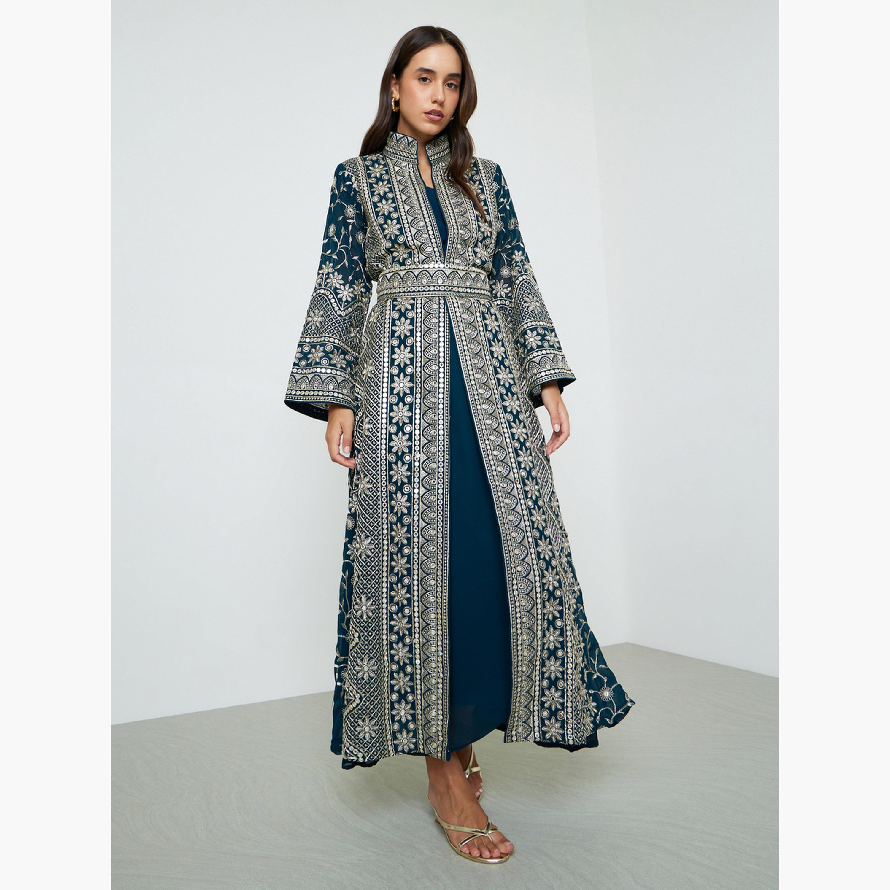 Maxim Creation X Styli Blue Threadwork Jalabiya Set with Maxi Dress and Belt-women-arabicclothing-sets-image-1