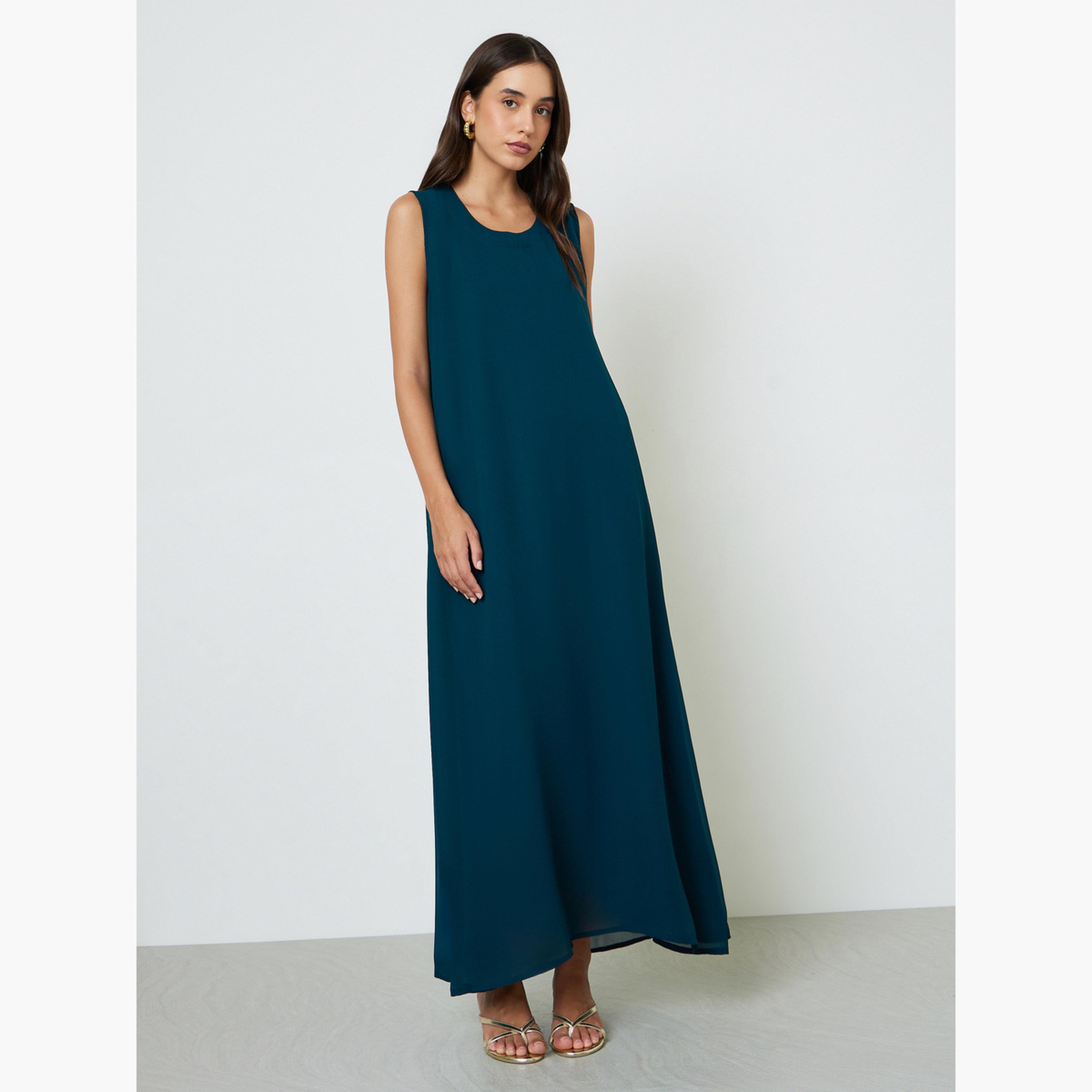 Maxim Creation X Styli Blue Threadwork Jalabiya Set with Maxi Dress and Belt-women-arabicclothing-sets-image-2