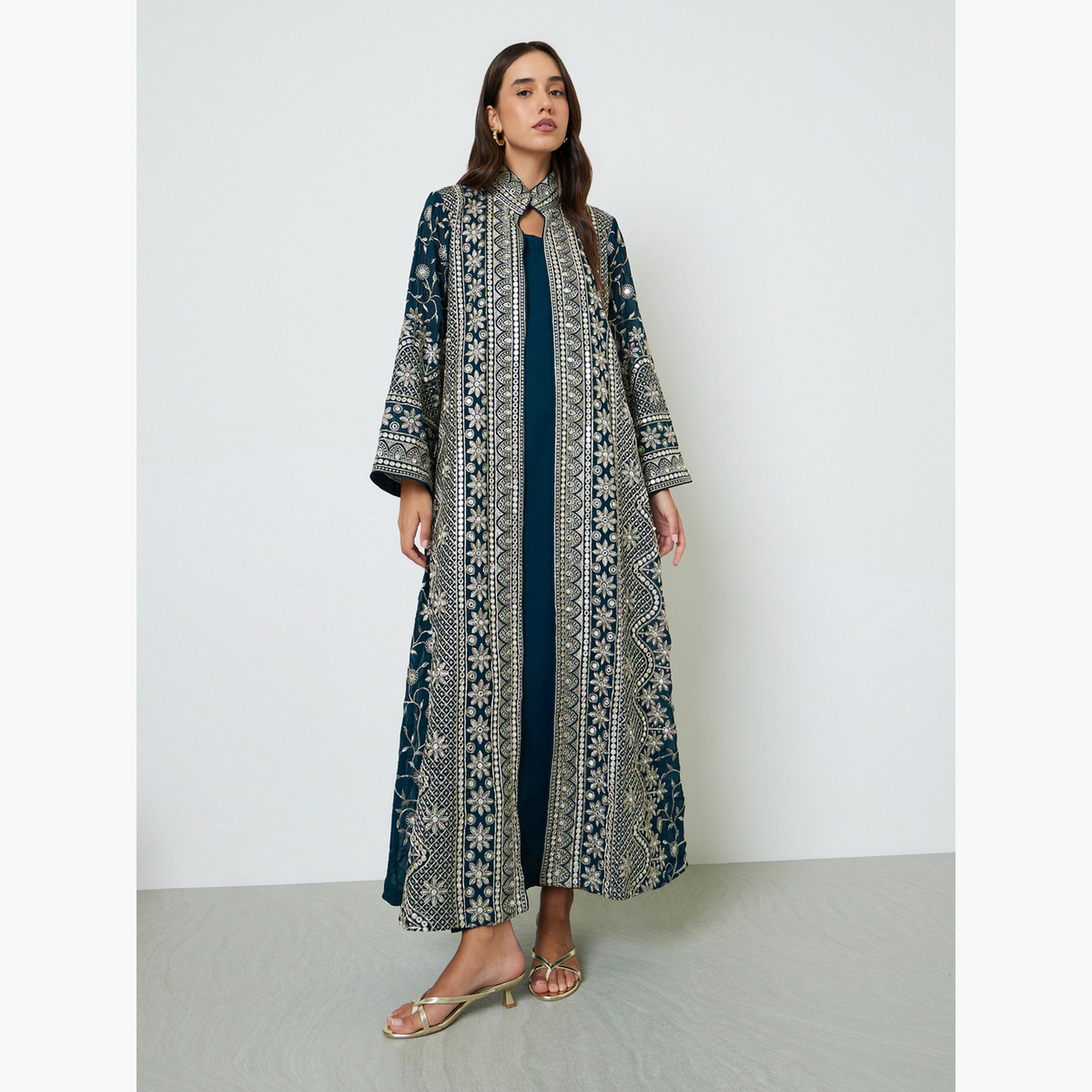 Maxim Creation X Styli Blue Threadwork Jalabiya Set with Maxi Dress and Belt-women-arabicclothing-sets-image-3