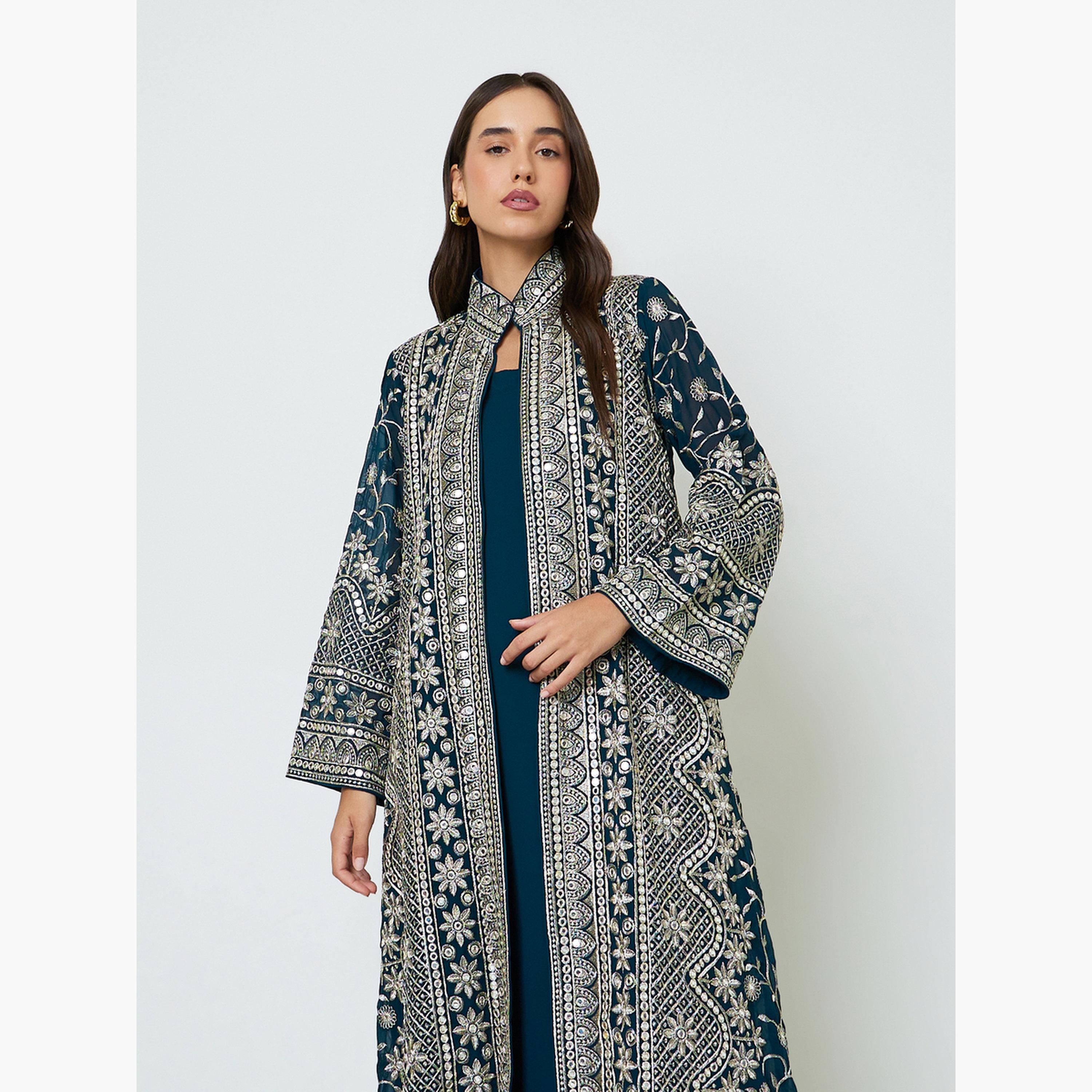 Maxim Creation X Styli Blue Threadwork Jalabiya Set with Maxi Dress and Belt-women-arabicclothing-sets-image-4