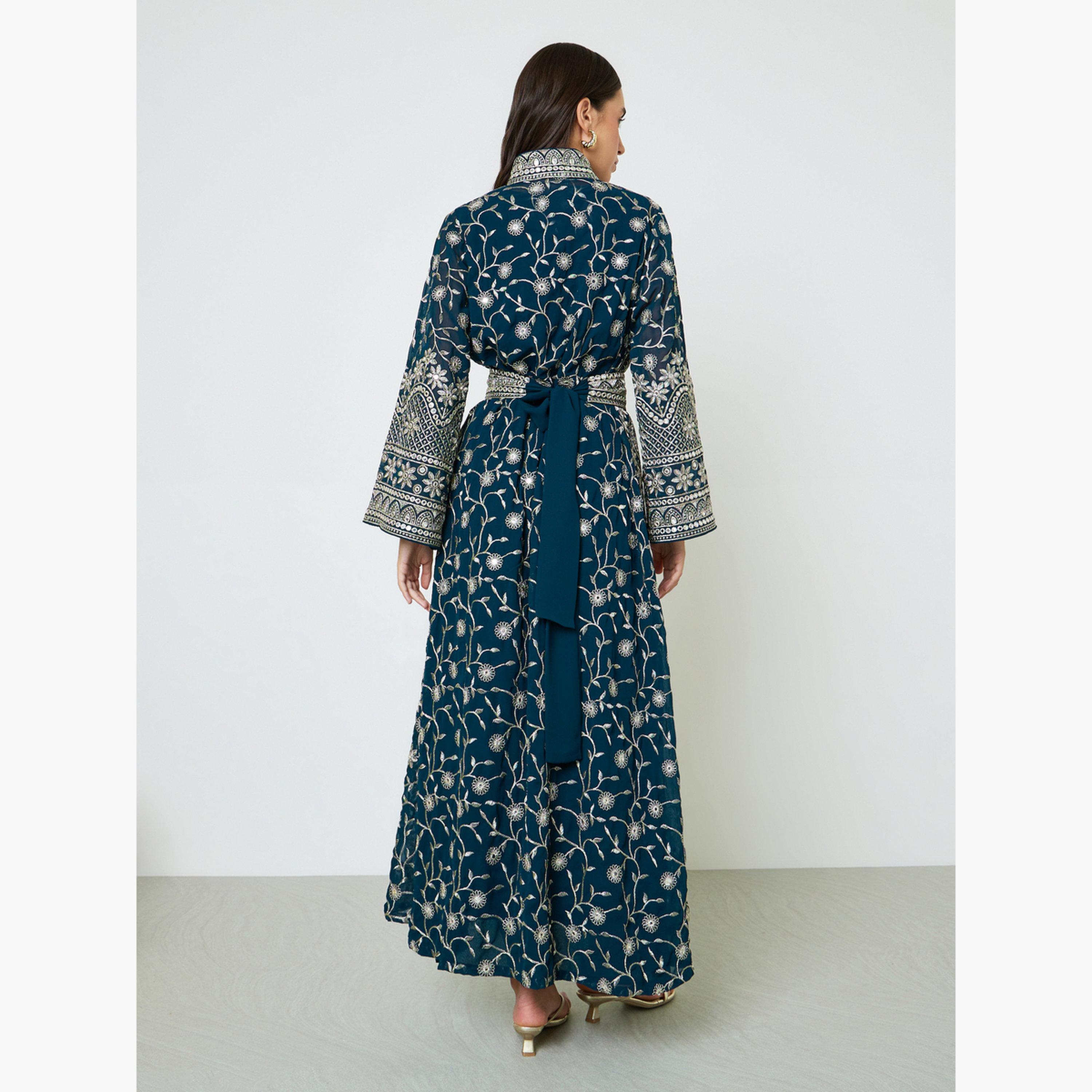 Maxim Creation X Styli Blue Threadwork Jalabiya Set with Maxi Dress and Belt-women-arabicclothing-sets-image-5