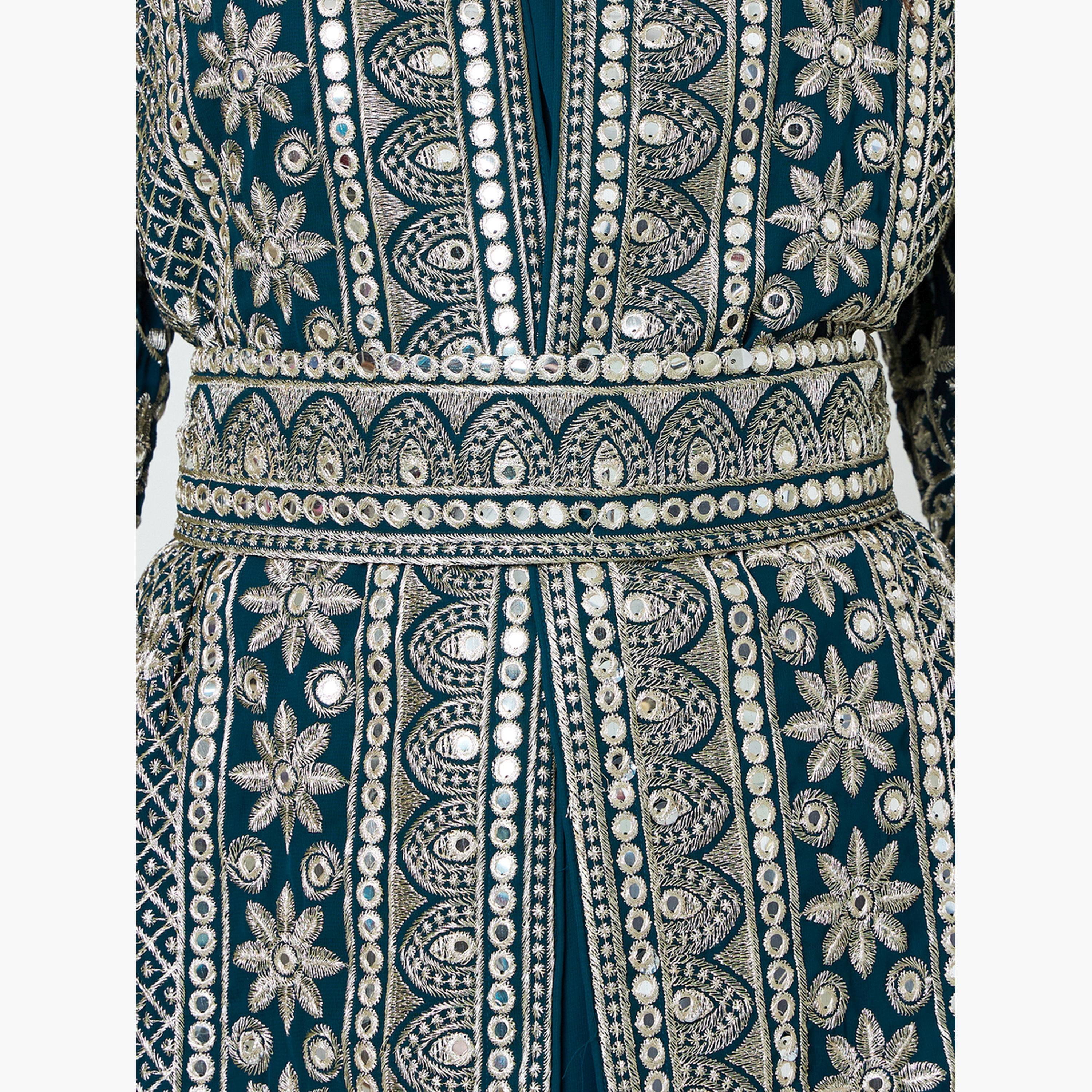 Maxim Creation X Styli Blue Threadwork Jalabiya Set with Maxi Dress and Belt-women-arabicclothing-sets-image-6