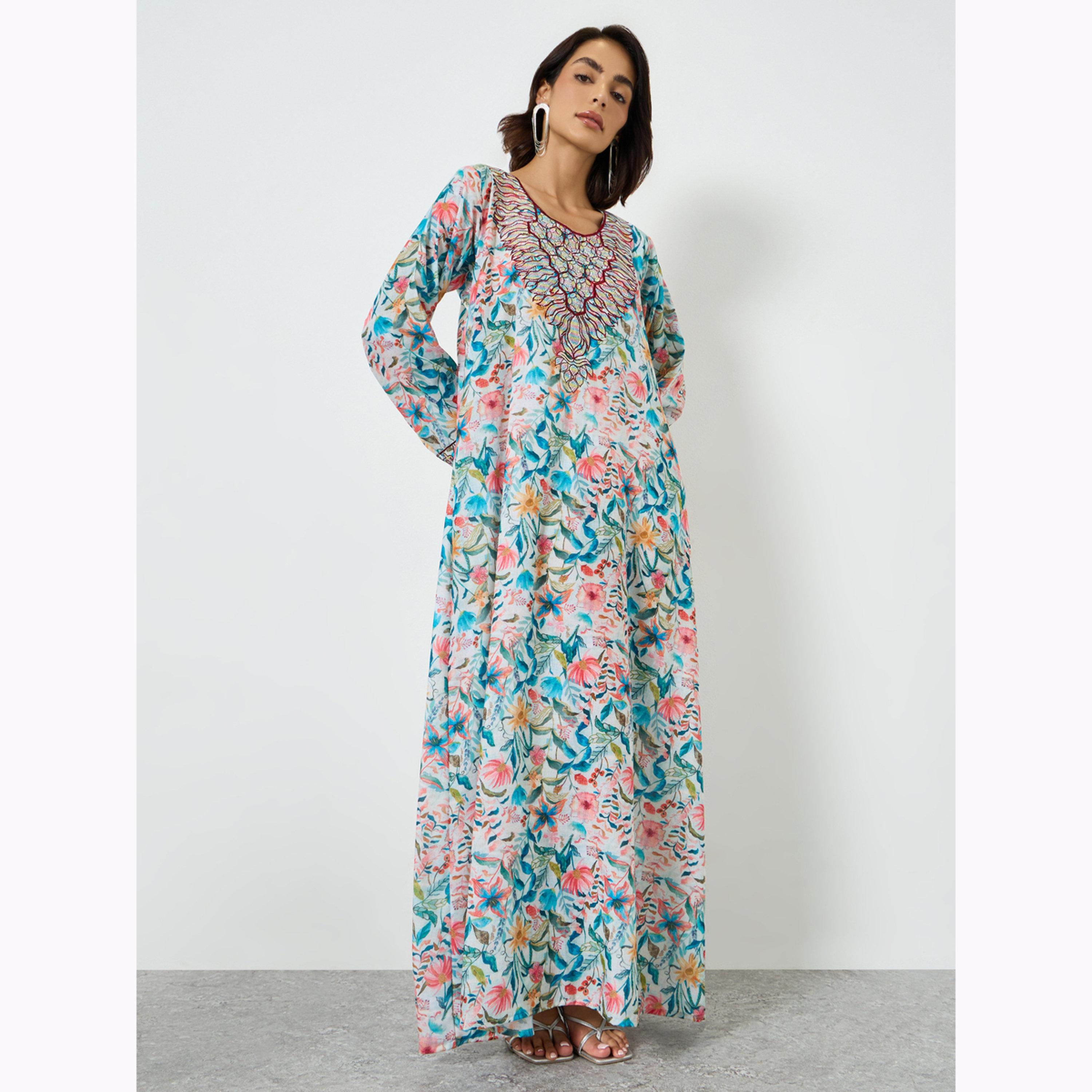 Maxim Creation X Styli All Over Print Jalabiya with Multi Threadwork-women-arabicclothing-jalabiyas-image-1