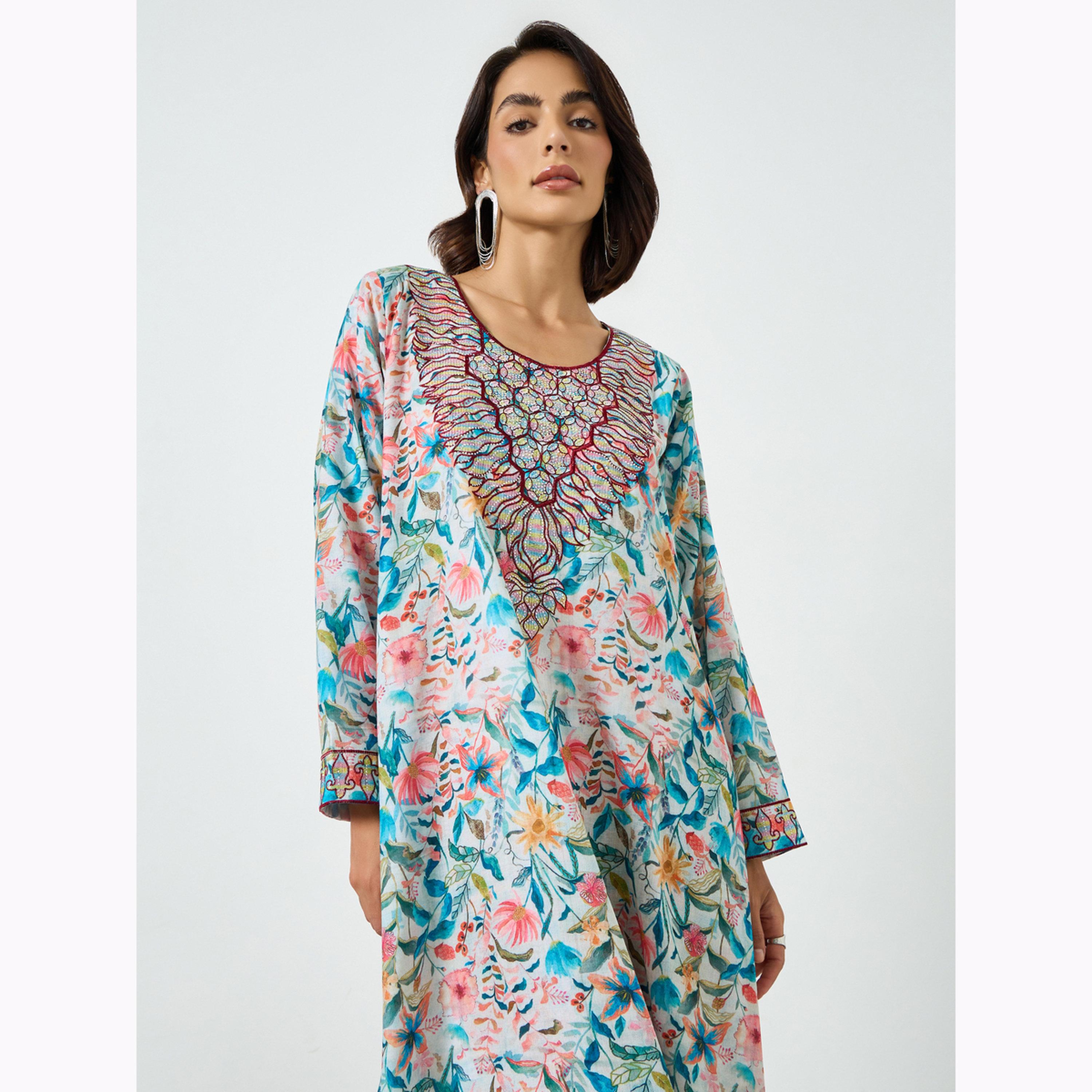 Maxim Creation X Styli All Over Print Jalabiya with Multi Threadwork-women-arabicclothing-jalabiyas-image-2