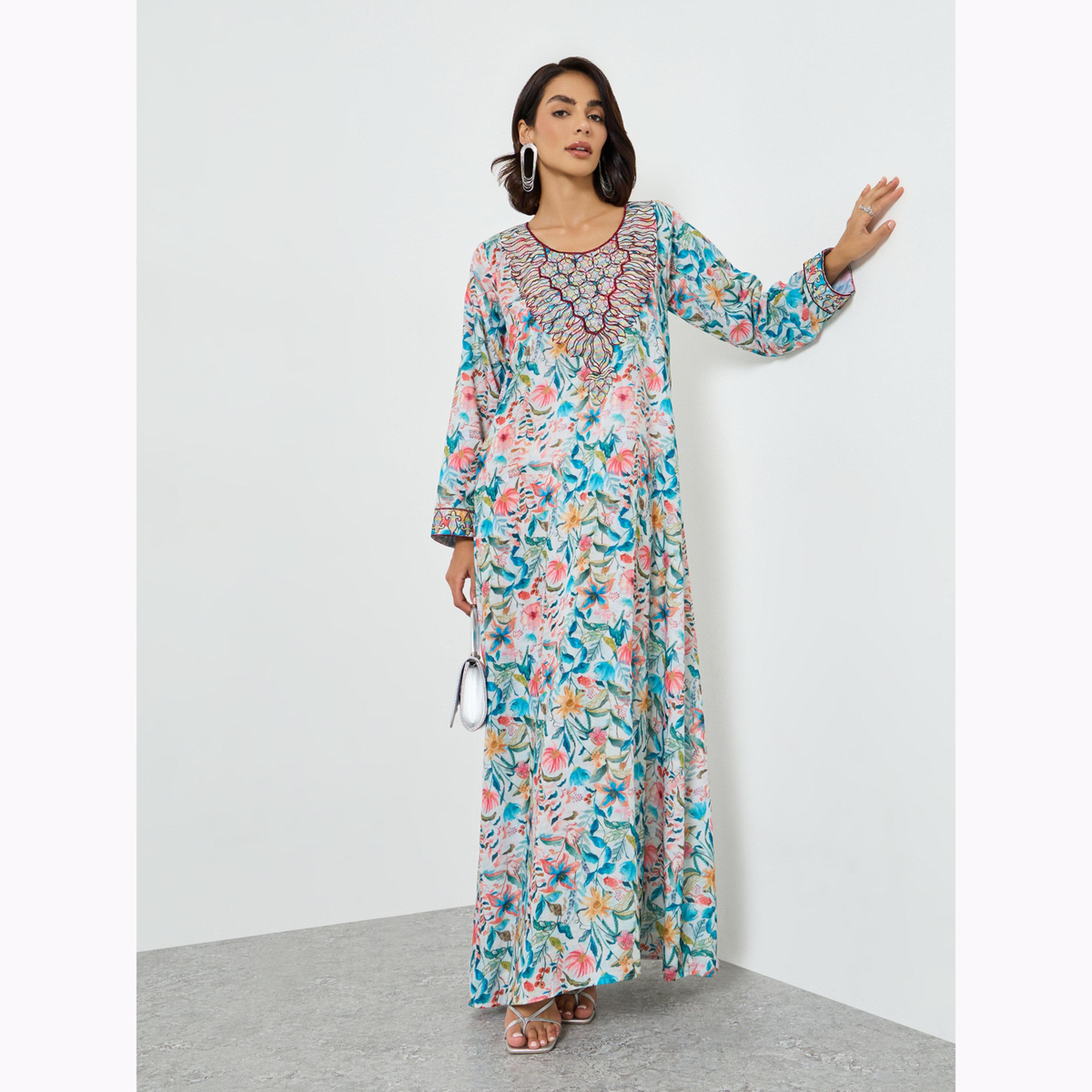 جلابية بطبعة كاملة وشغل خيوط متعددة-women-arabicclothing-jalabiyas-image-3