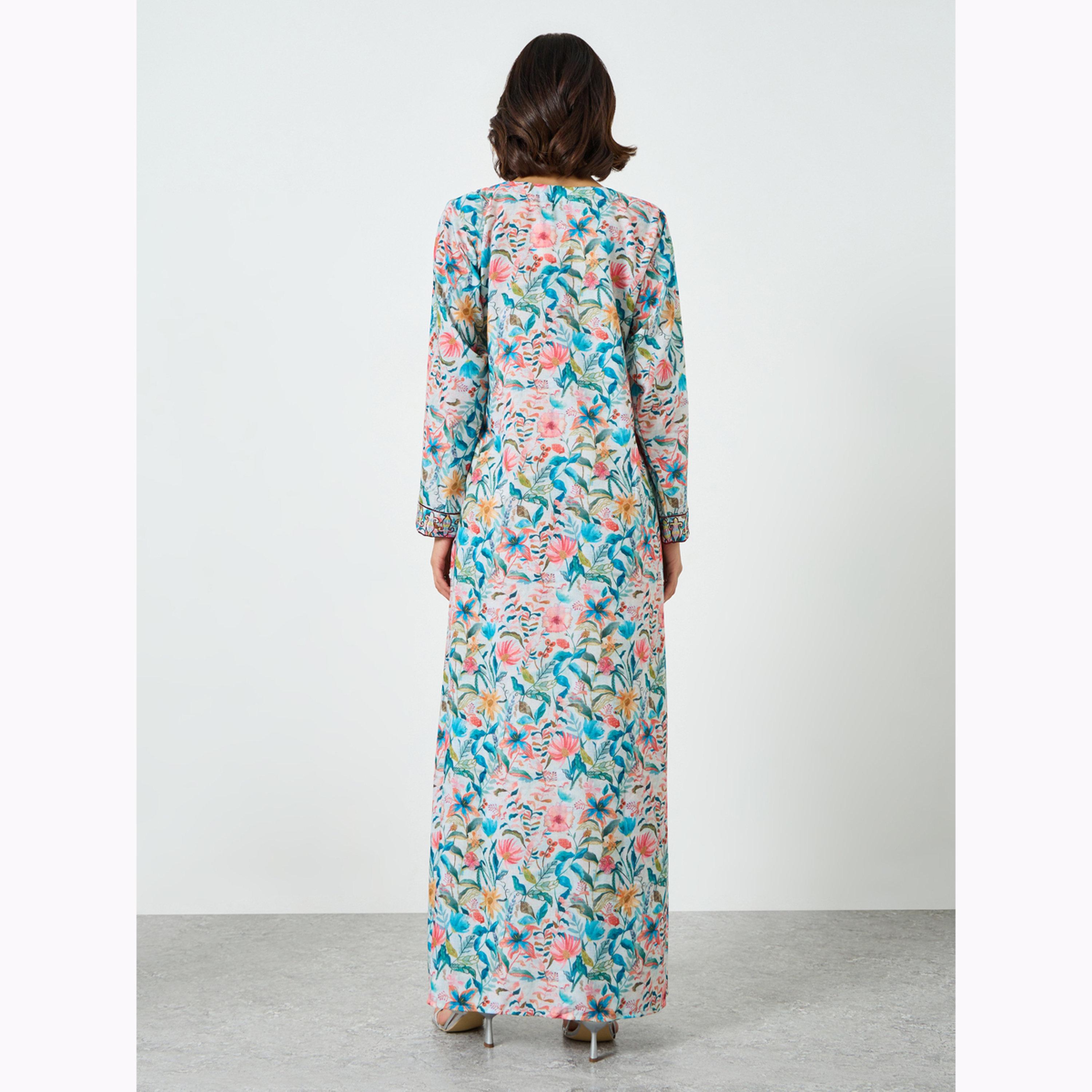 Maxim Creation X Styli All Over Print Jalabiya with Multi Threadwork-women-arabicclothing-jalabiyas-image-4