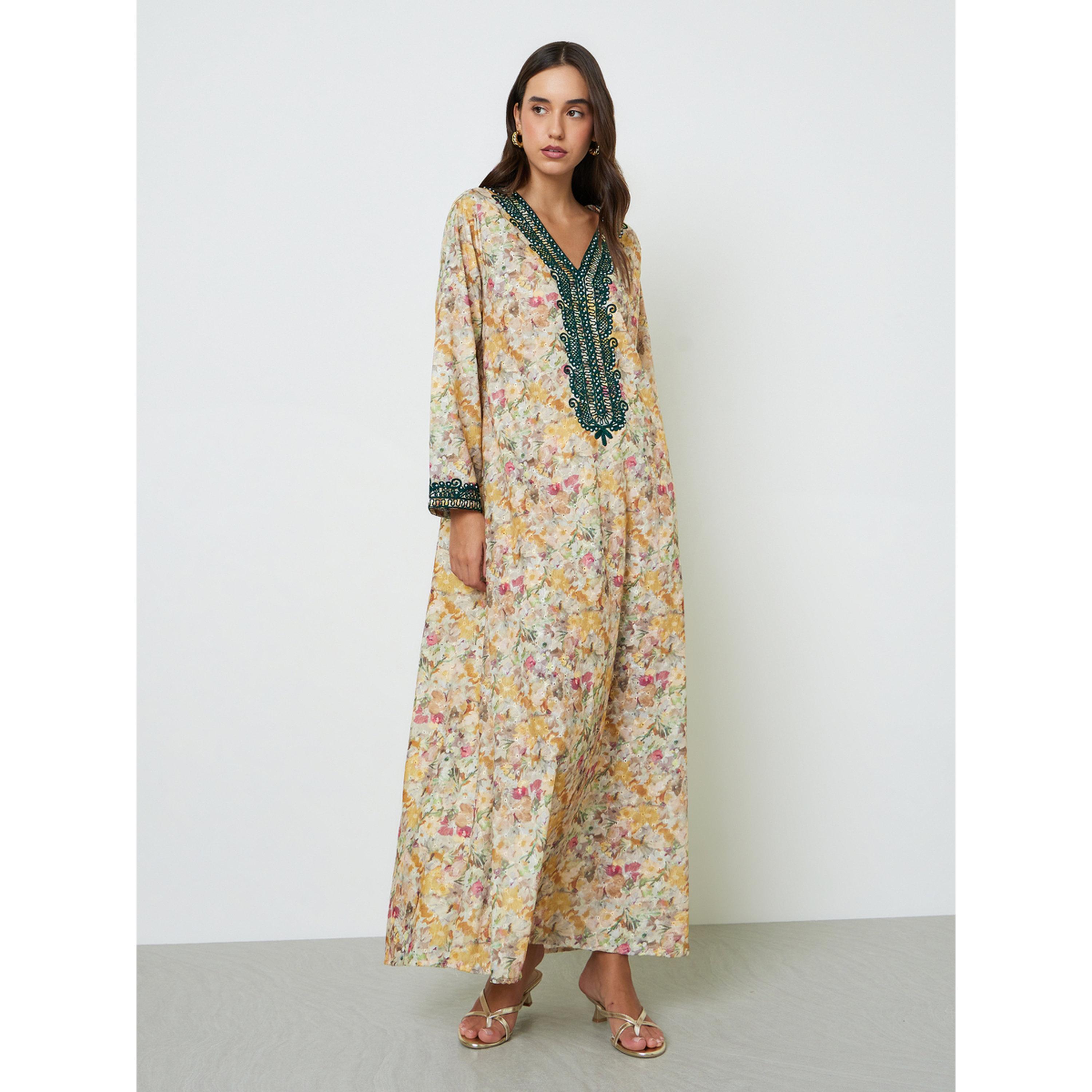 جلابية قطن مطبوعة بتفاصيل تطريز خيوط-women-arabicclothing-jalabiyas-image-1
