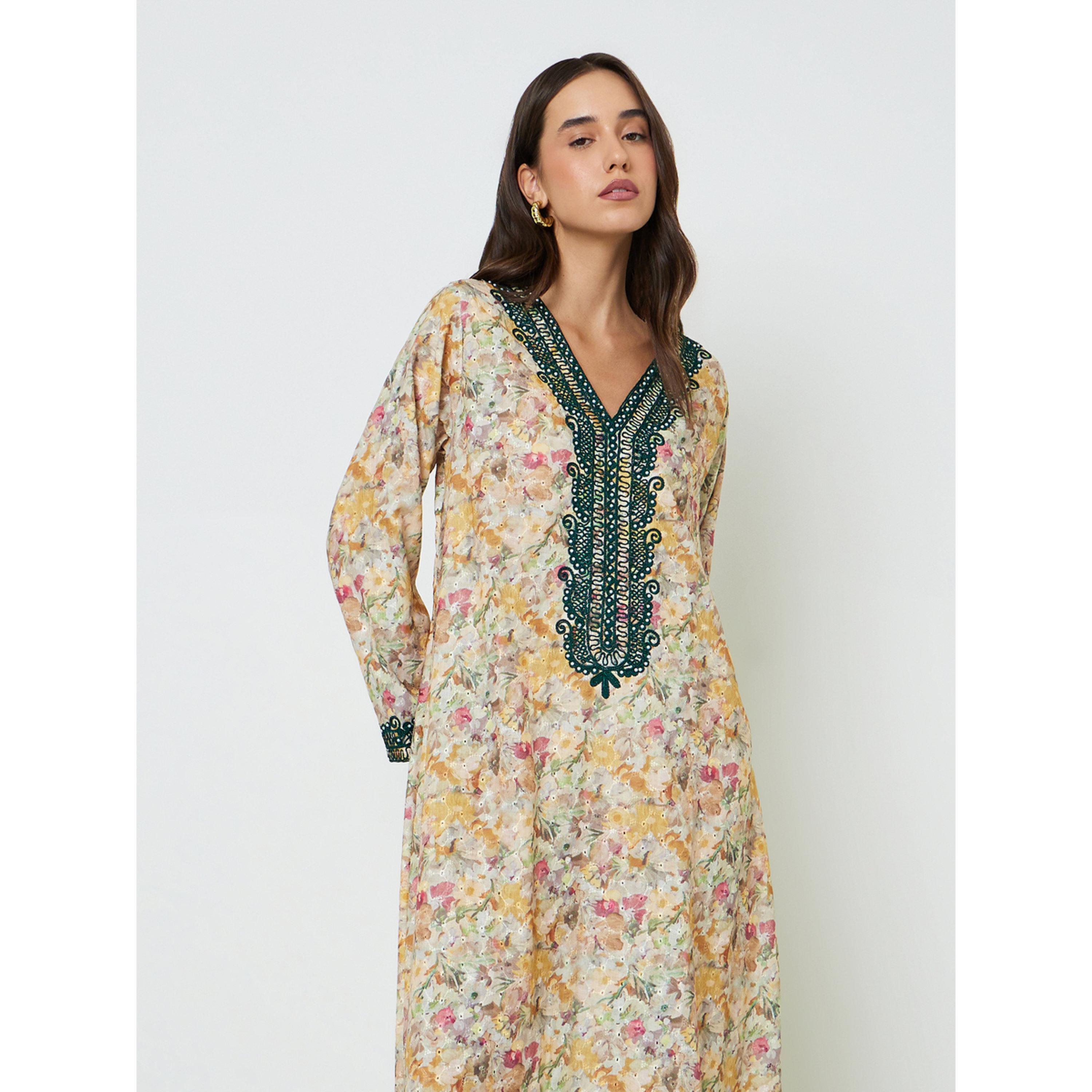 جلابية قطن مطبوعة بتفاصيل تطريز خيوط-women-arabicclothing-jalabiyas-image-2