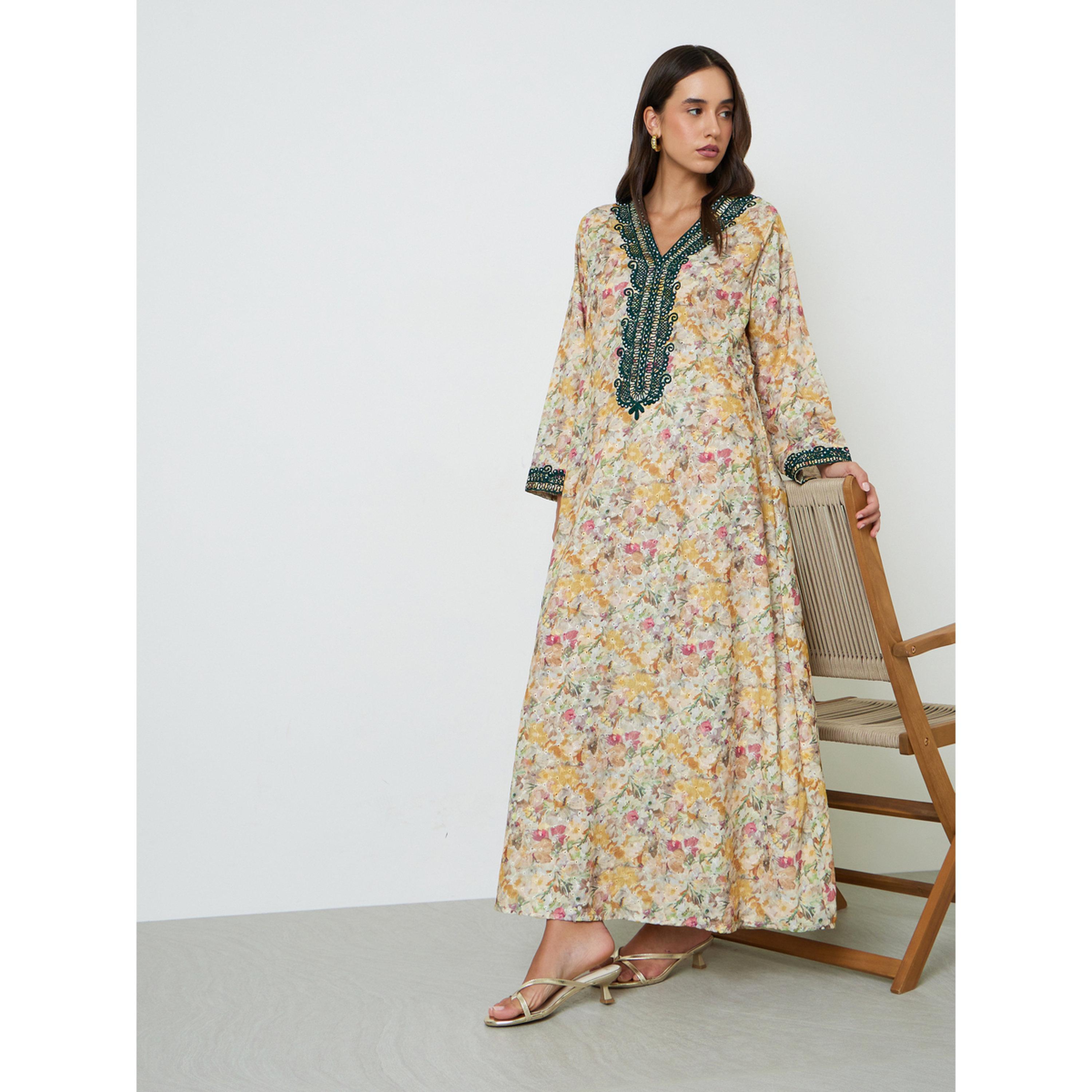 جلابية قطن مطبوعة بتفاصيل تطريز خيوط-women-arabicclothing-jalabiyas-image-4