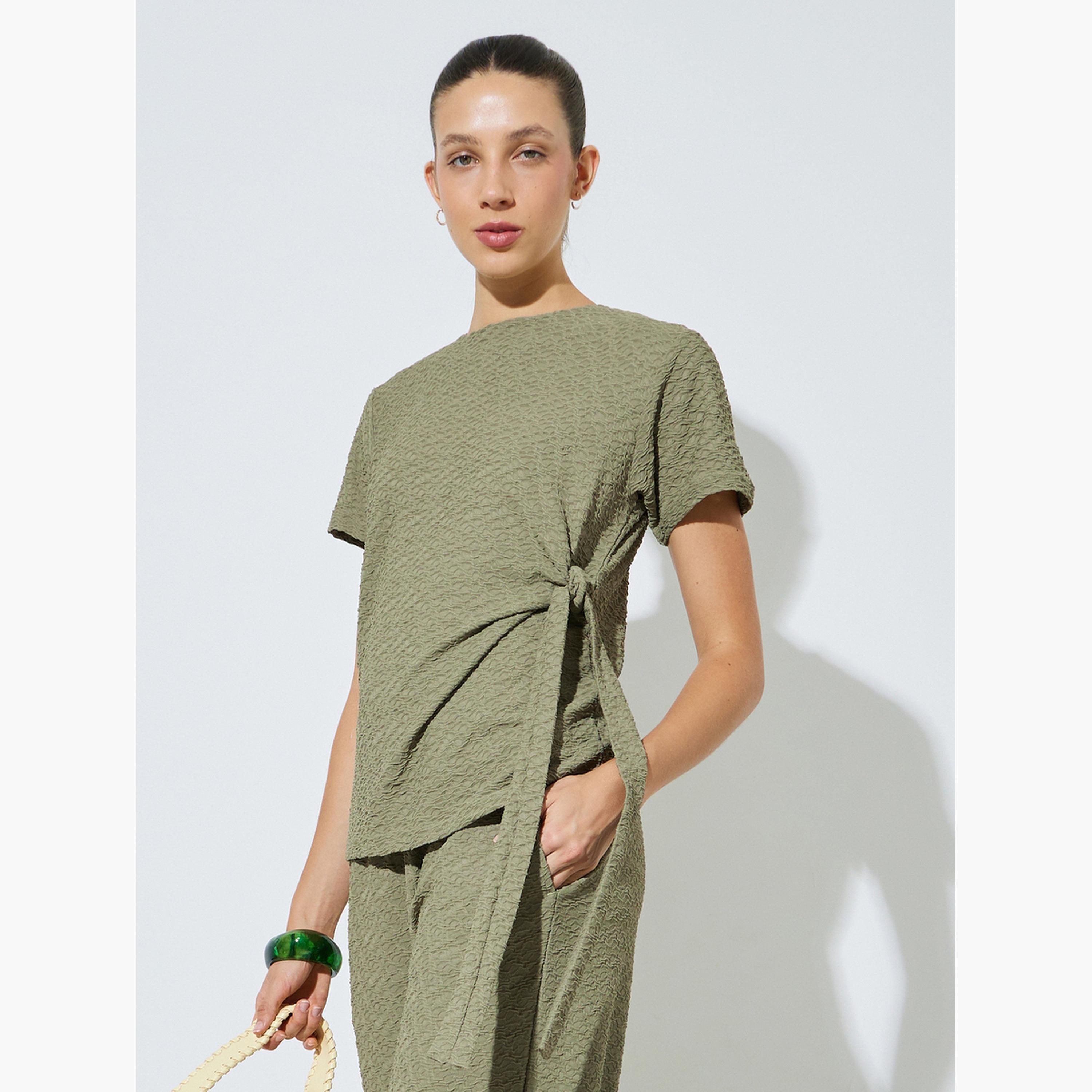 Styli Green Textured Tie-Knot Detail T-Shirt-women-clothing-tshirts-image-1