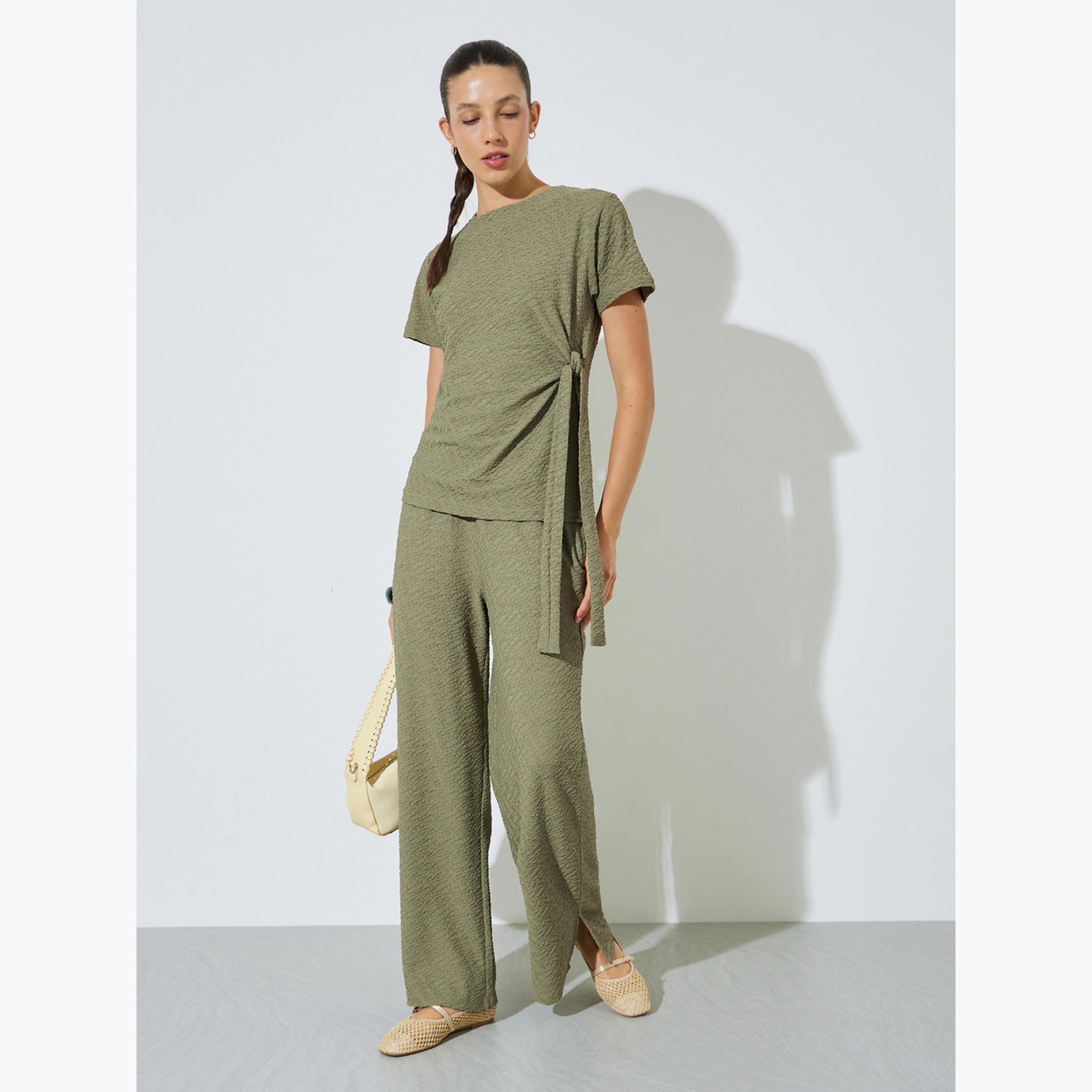 Styli Green Textured Tie-Knot Detail T-Shirt-women-clothing-tshirts-image-2