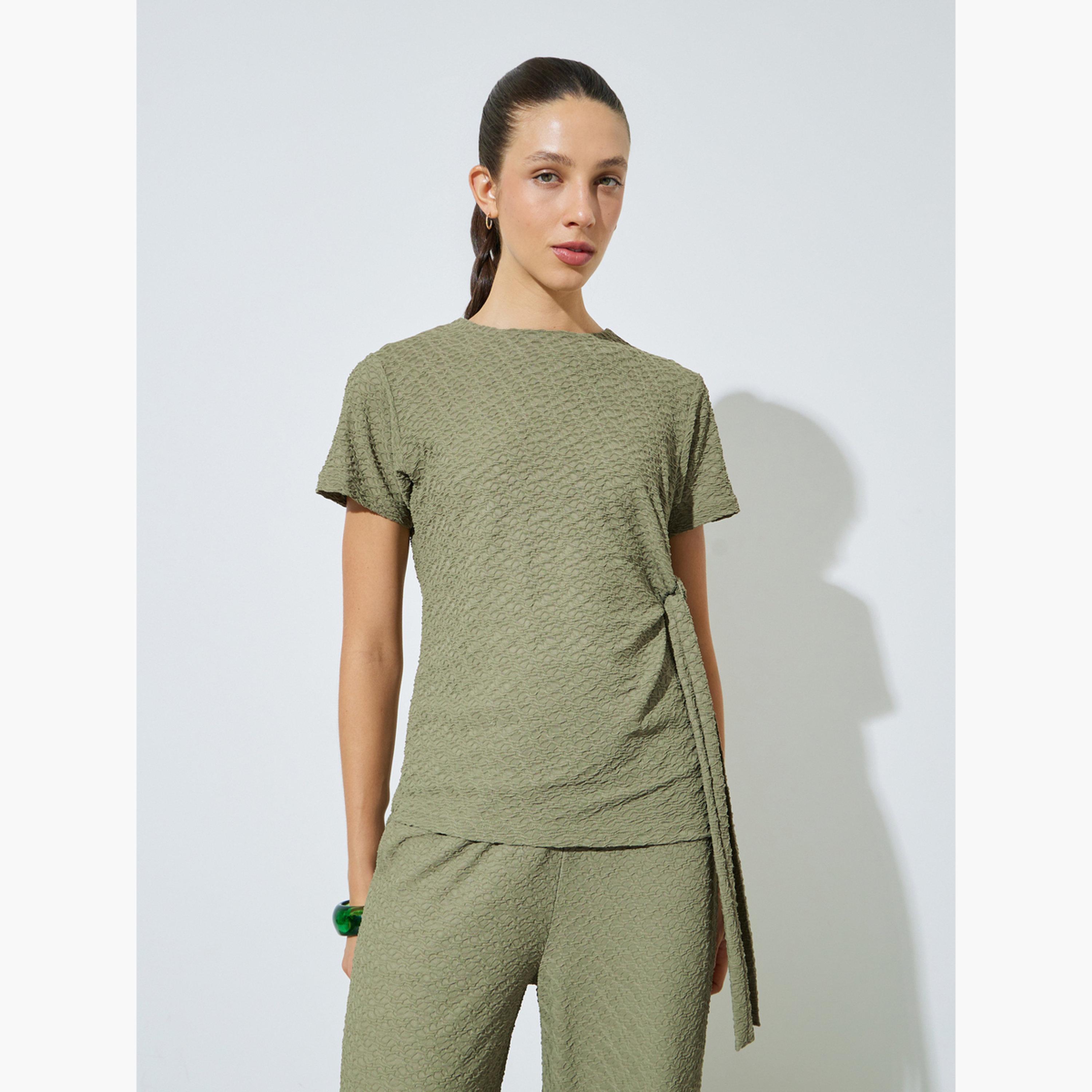 Styli Green Textured Tie-Knot Detail T-Shirt-women-clothing-tshirts-image-3