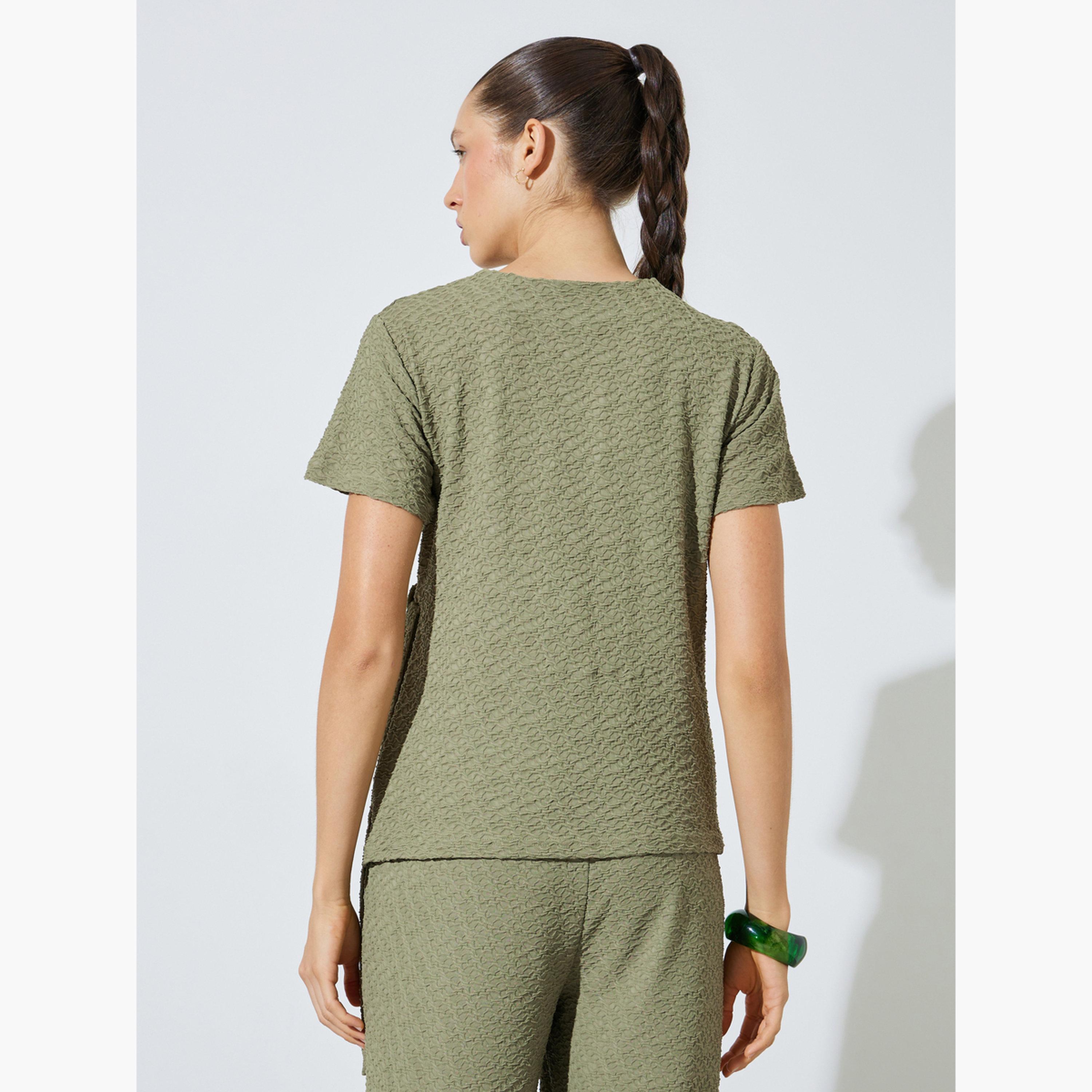 Styli Green Textured Tie-Knot Detail T-Shirt-women-clothing-tshirts-image-4