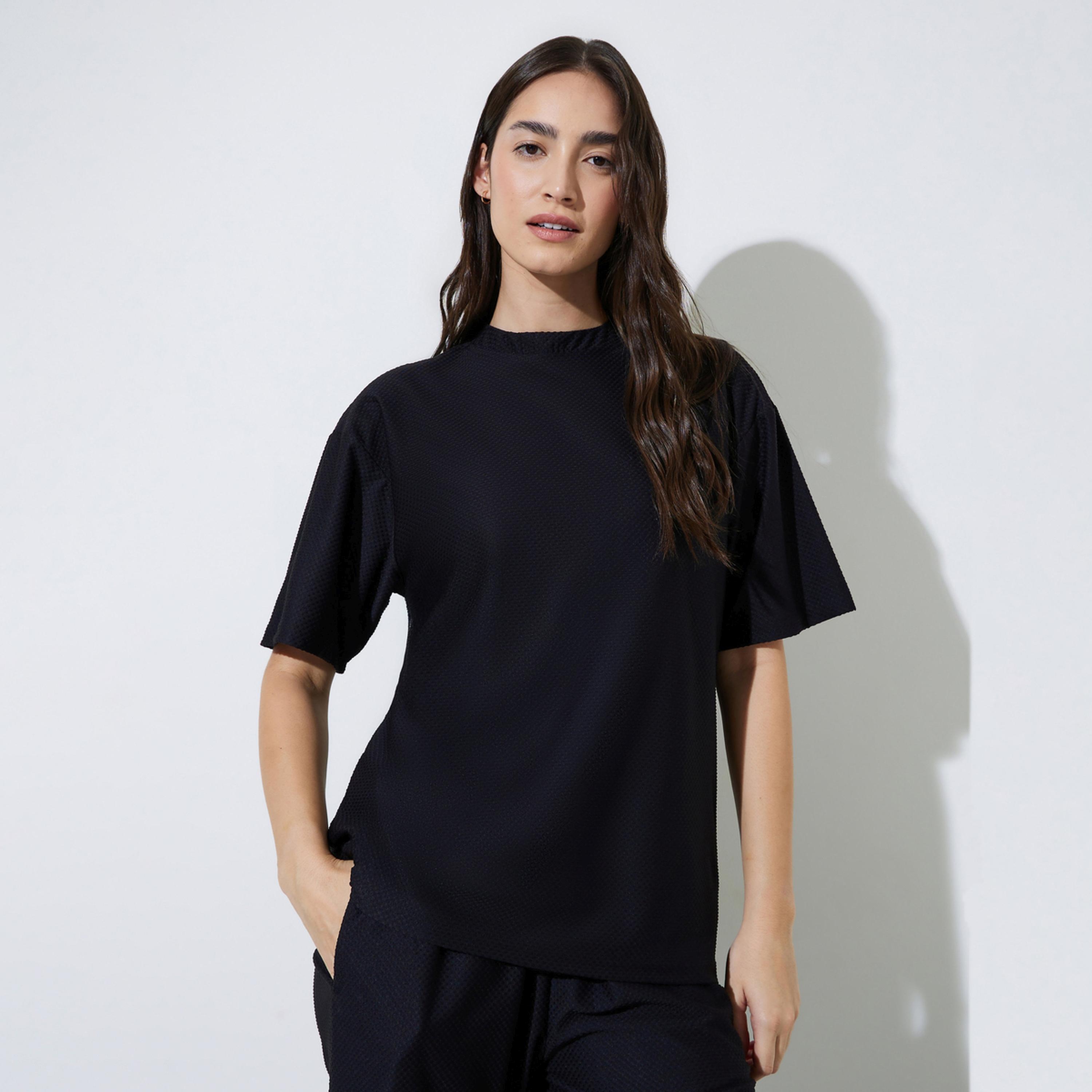 Styli Black Oversized Textured Round Neck T-Shirt-women-clothing-tshirts-image-1
