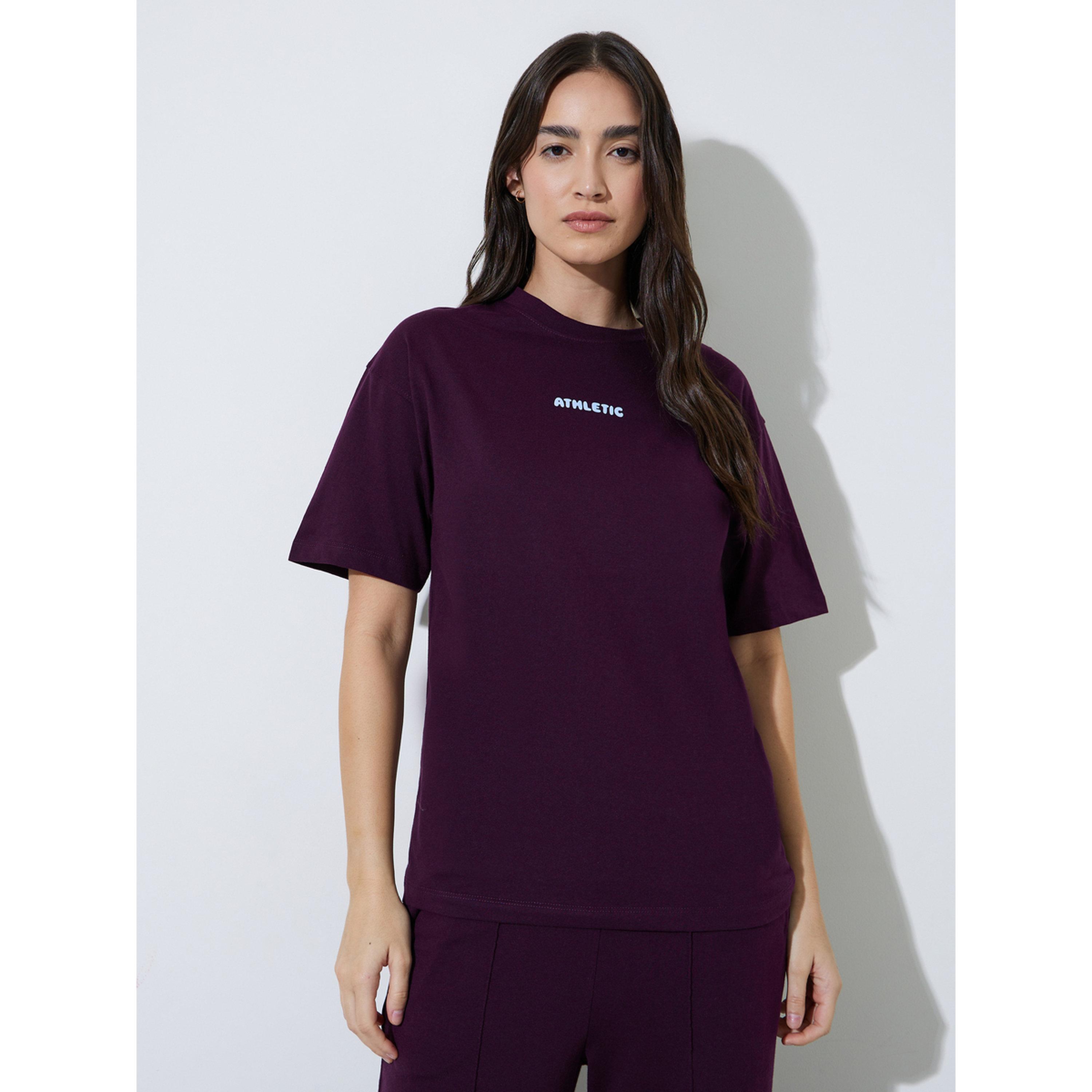 Styli Burgundy Front and Back Slogan Print Oversized T-Shirt-women-clothing-tshirts-image-1