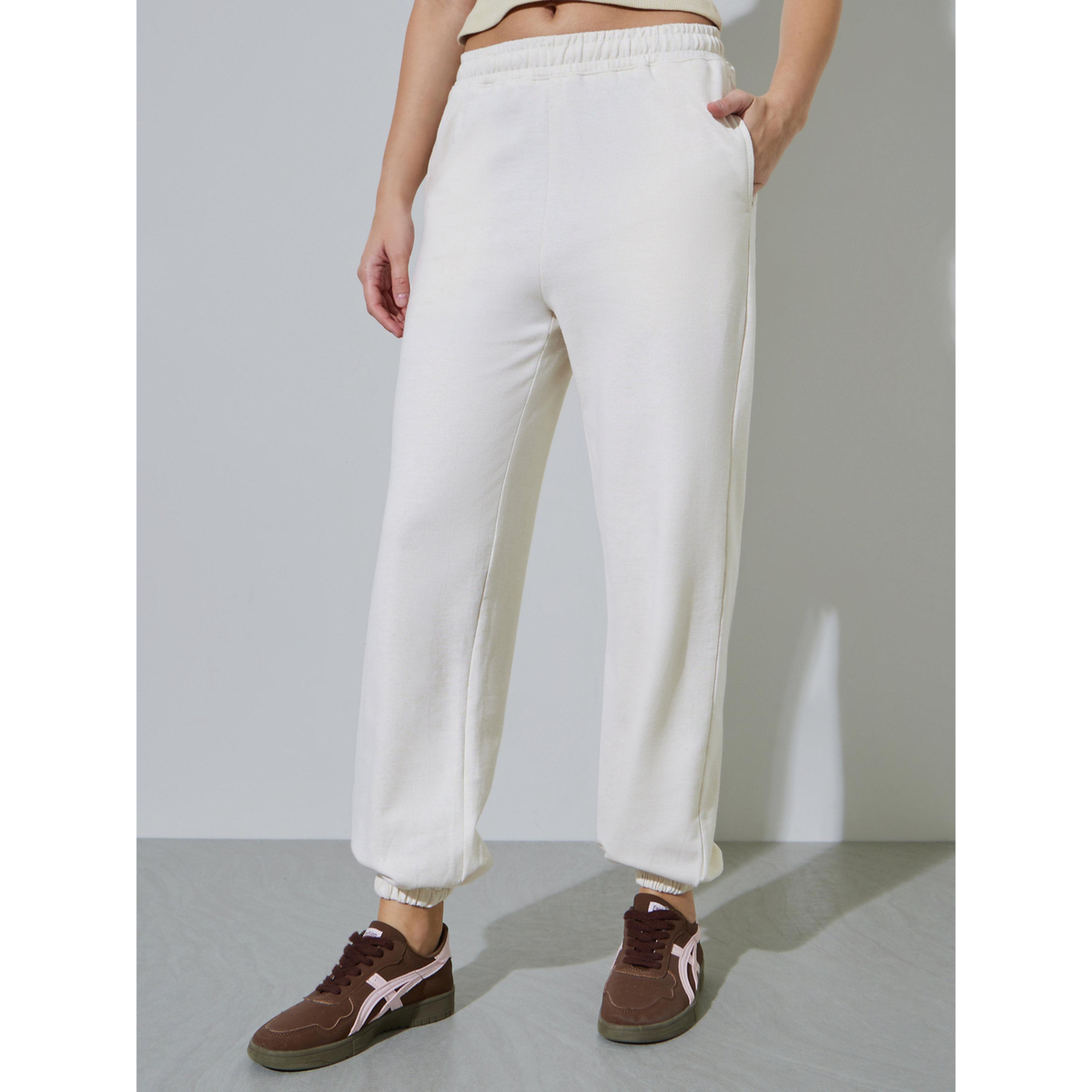 Styli Cream Solid Mid-Rise Cuffed Joggers-women-clothing-joggers-image-1