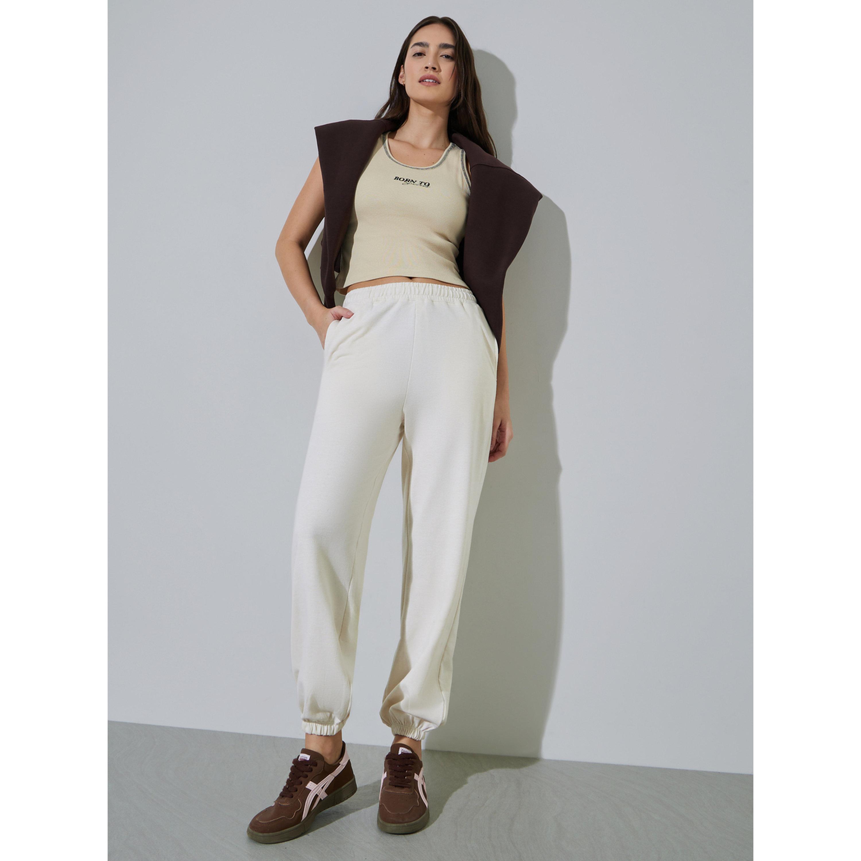 Styli Cream Solid Mid-Rise Cuffed Joggers-women-clothing-joggers-image-2
