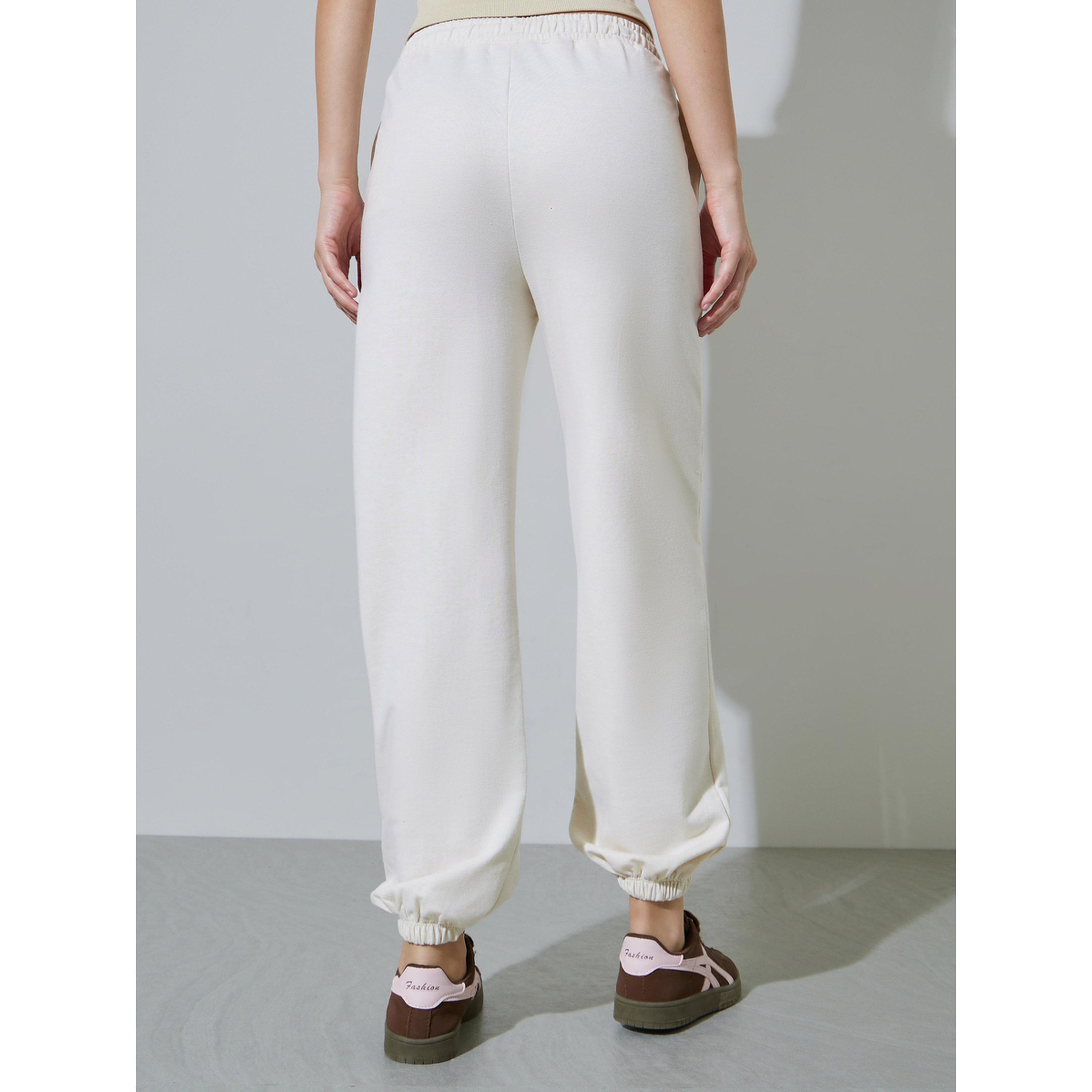 Styli Cream Solid Mid-Rise Cuffed Joggers-women-clothing-joggers-image-4