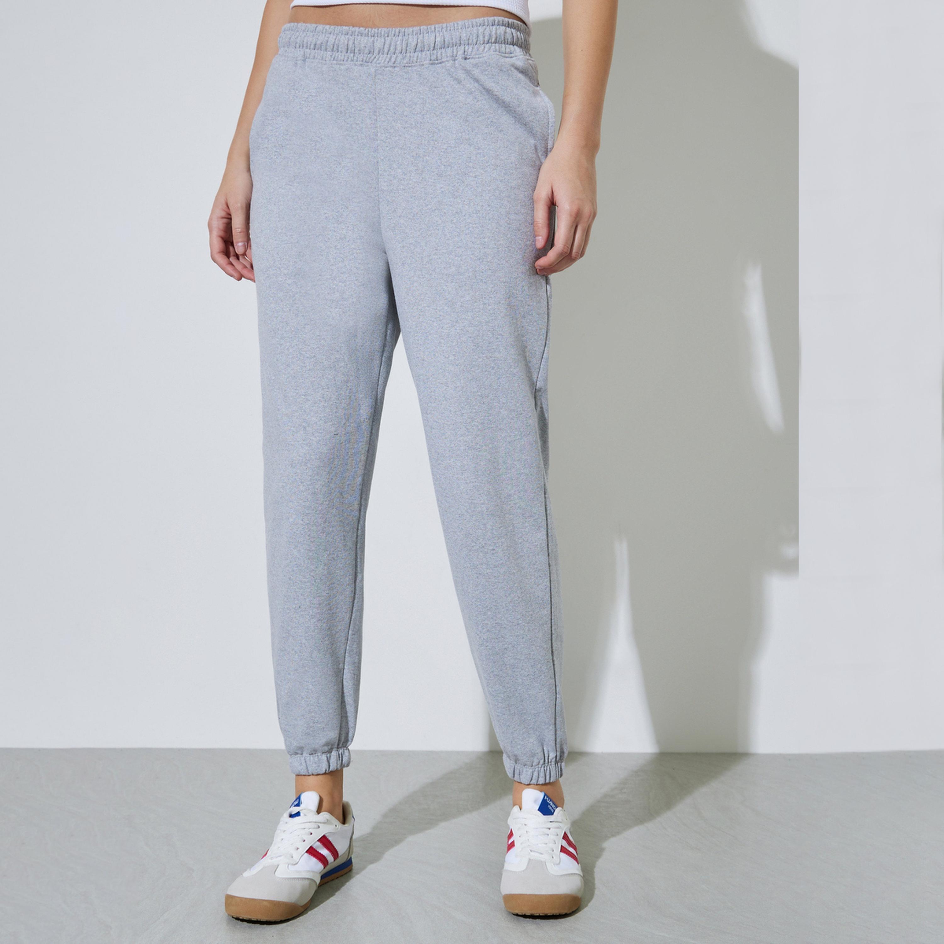 Styli Grey Solid Mid-Rise Cuffed Joggers-women-clothing-joggers-image-1