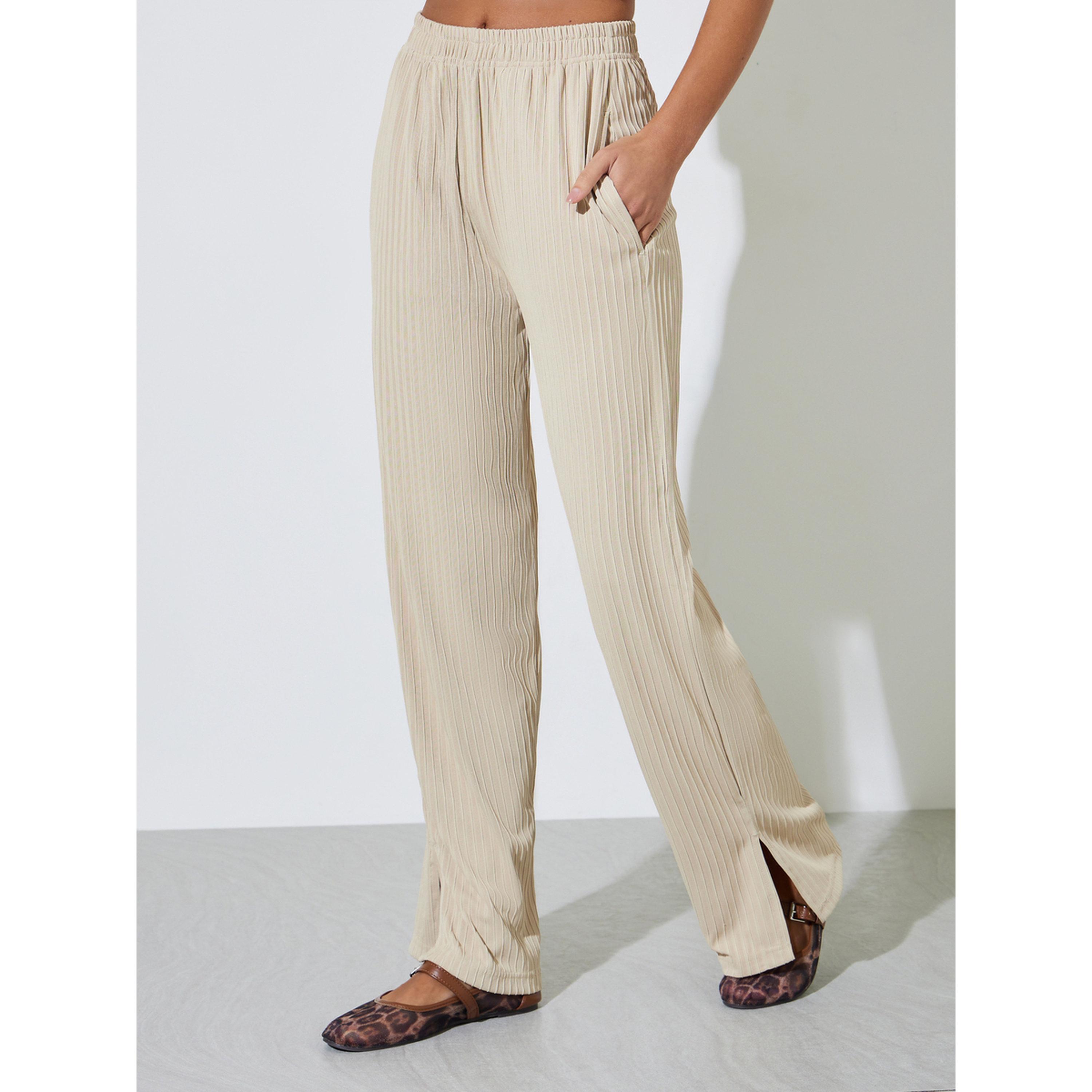 Styli Cream Textured Knit Straight Leg Side Slit Pants-women-clothing-joggers-image-1