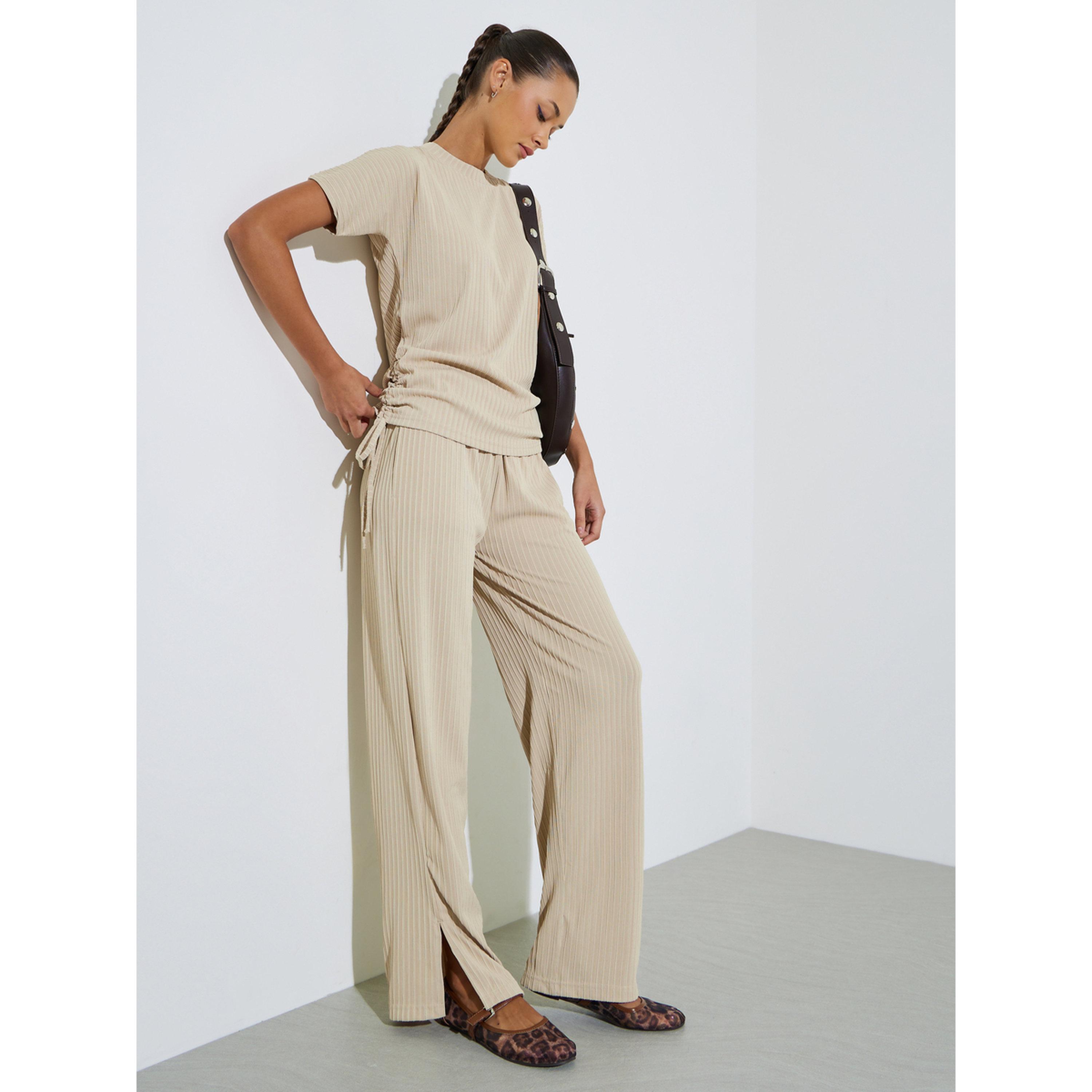 Styli Cream Textured Knit Straight Leg Side Slit Pants-women-clothing-joggers-image-2