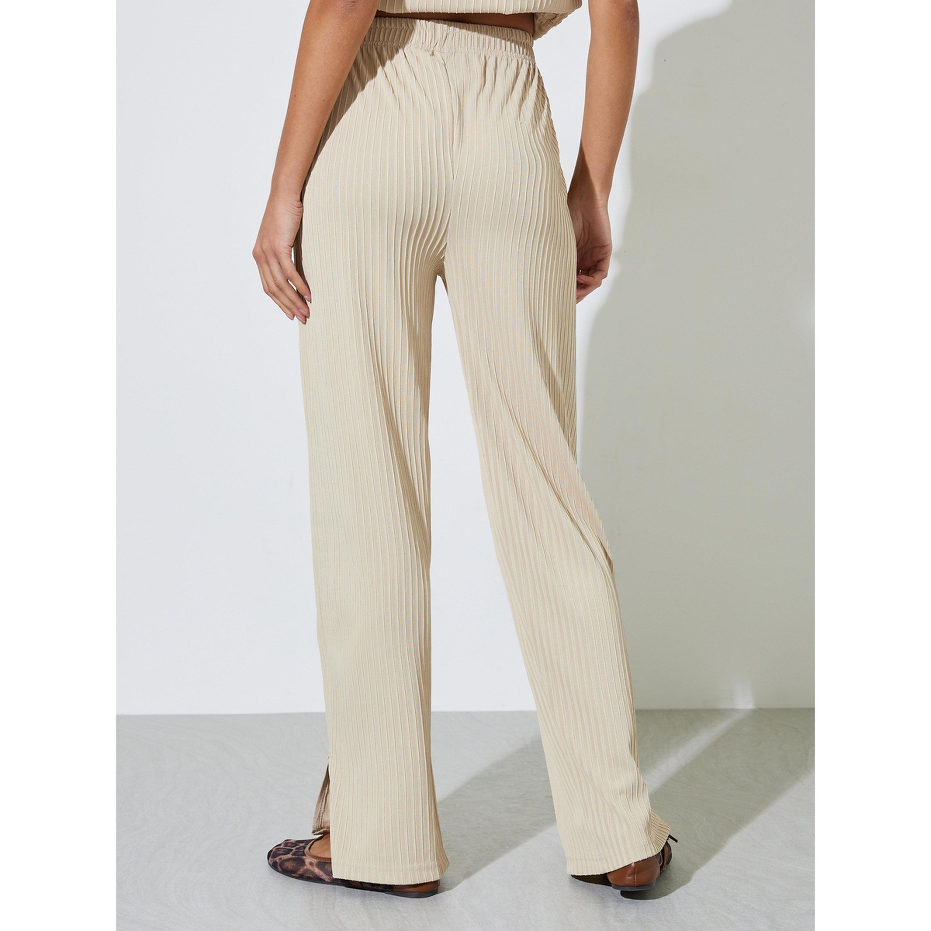 Styli Cream Textured Knit Straight Leg Side Slit Pants-women-clothing-joggers-image-4