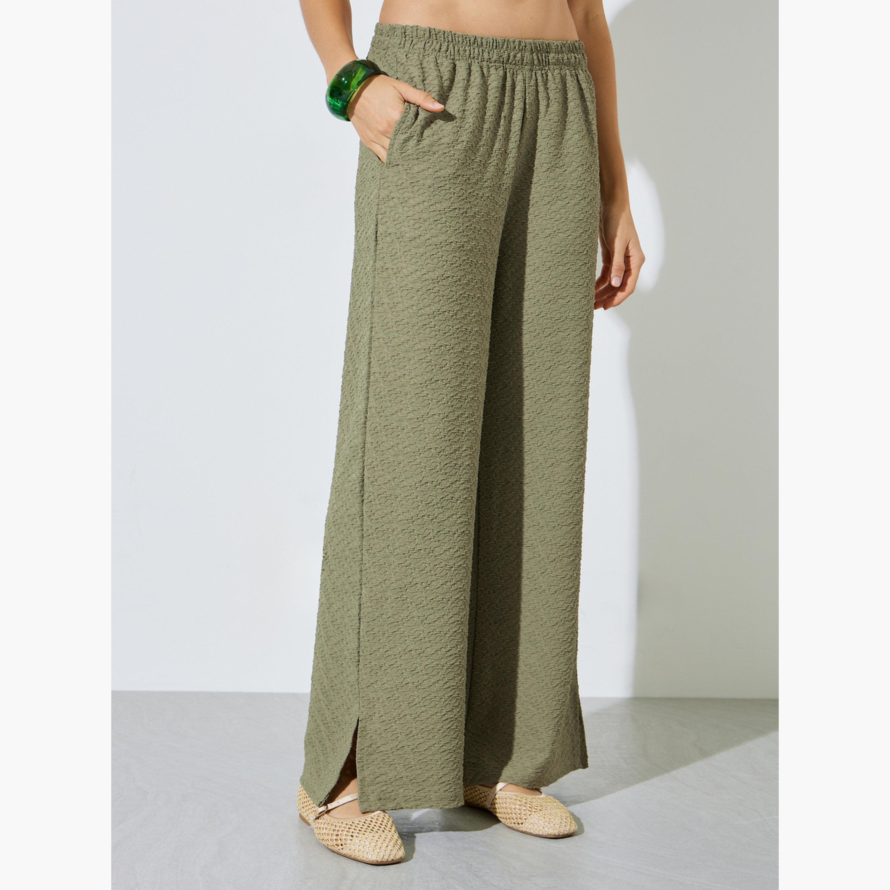 Styli Green Textured Wide Leg Pants with Elasticated Waistband-women-clothing-bottoms-joggers-image-1