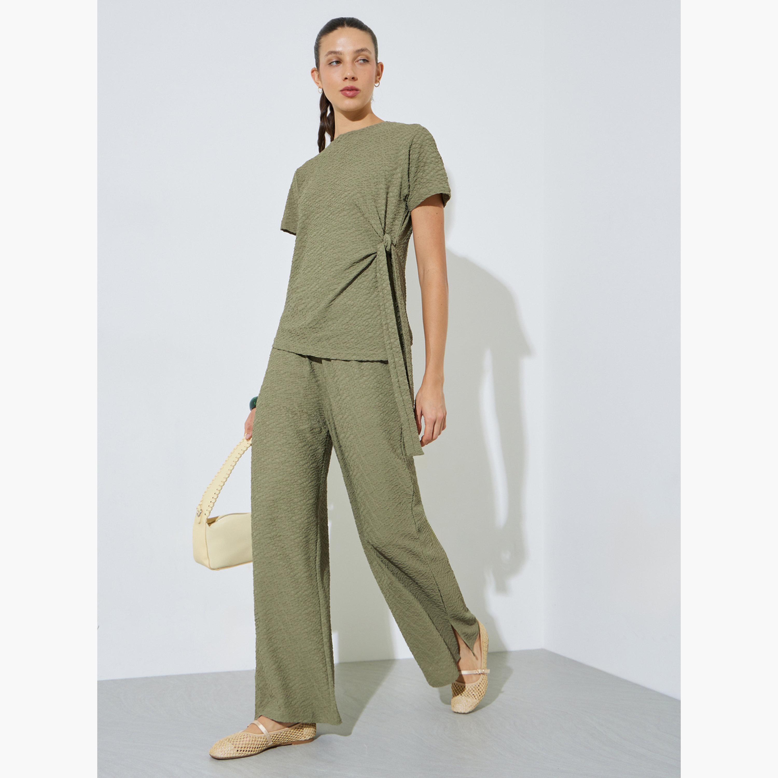 Styli Green Textured Wide Leg Pants with Elasticated Waistband-women-clothing-bottoms-joggers-image-2