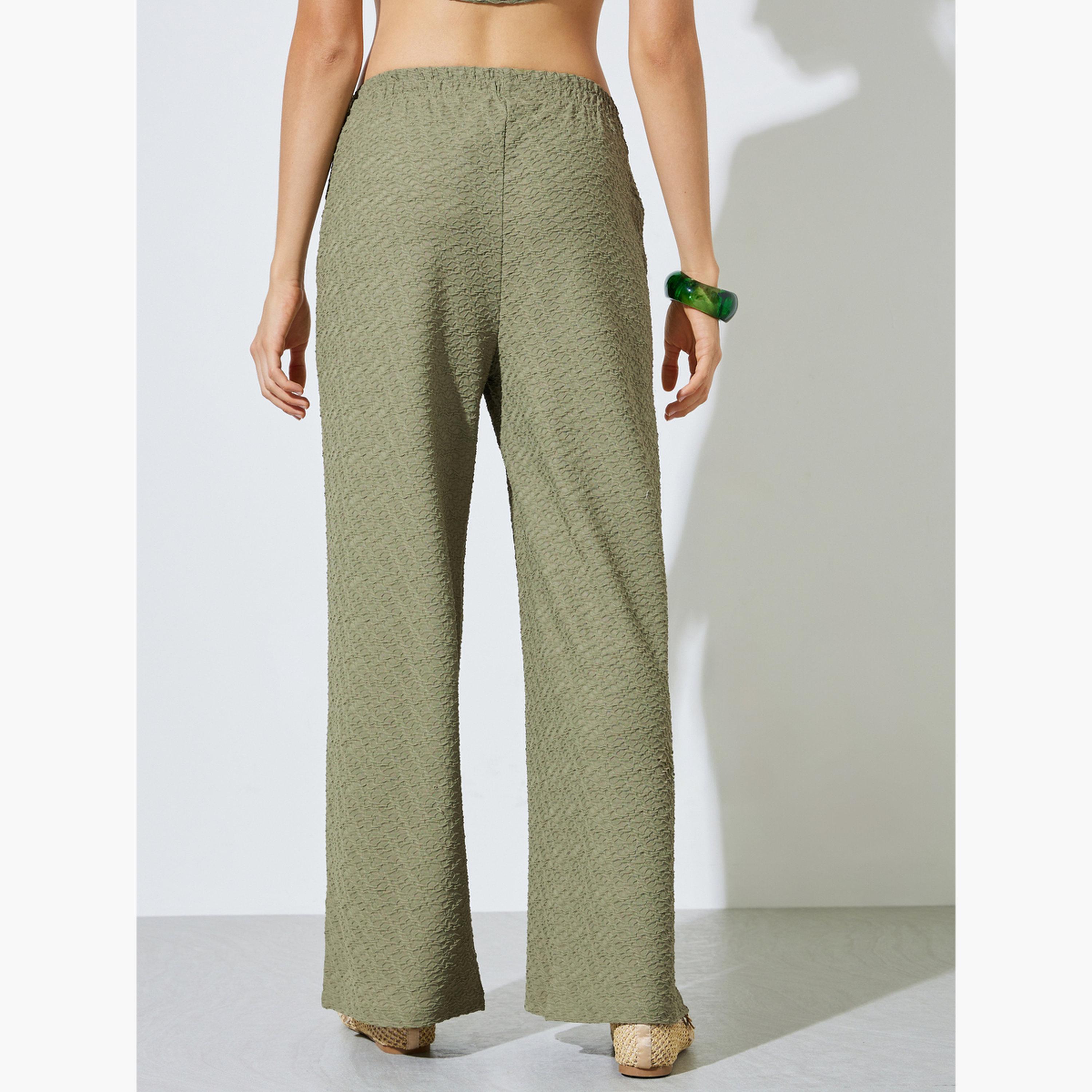 Styli Green Textured Wide Leg Pants with Elasticated Waistband-women-clothing-bottoms-joggers-image-5