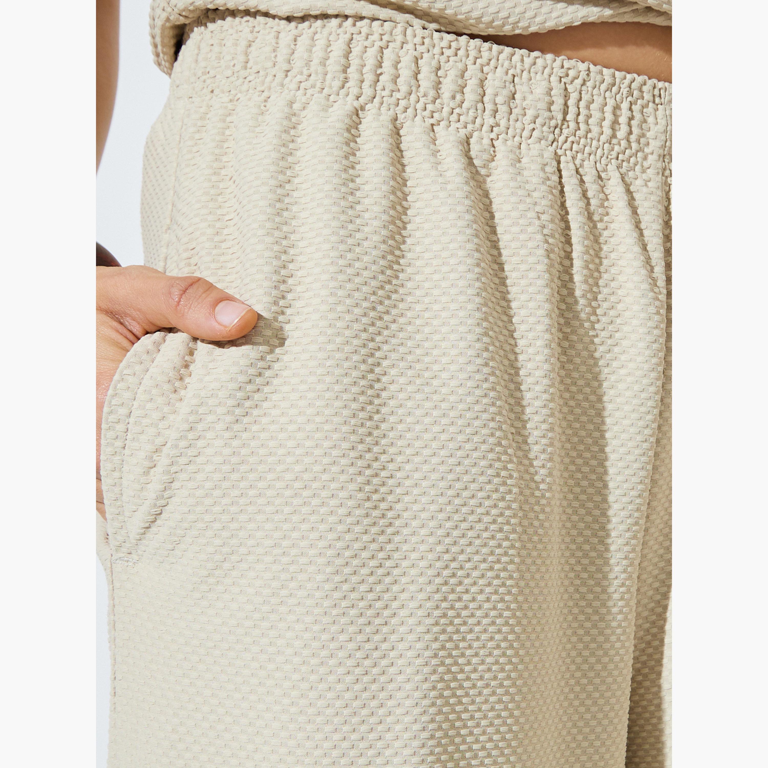 Styli Cream Textured Wide Leg Pants with Elastic Waistband-women-clothing-bottoms-joggers-image-3