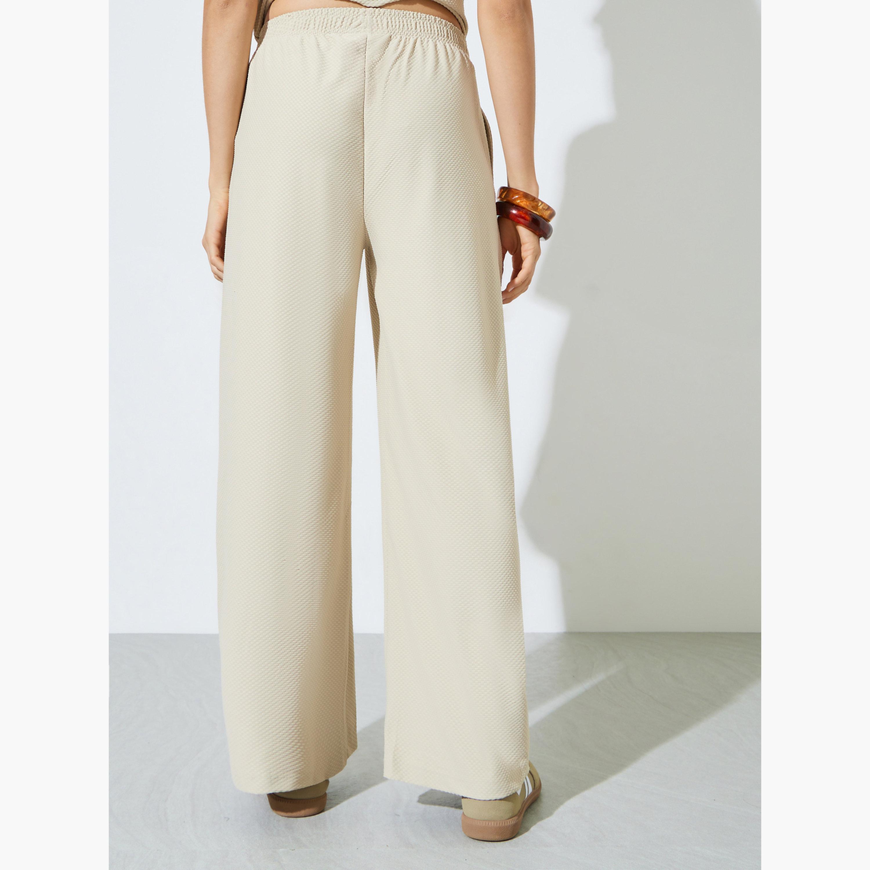 Styli Cream Textured Wide Leg Pants with Elastic Waistband-women-clothing-bottoms-joggers-image-4