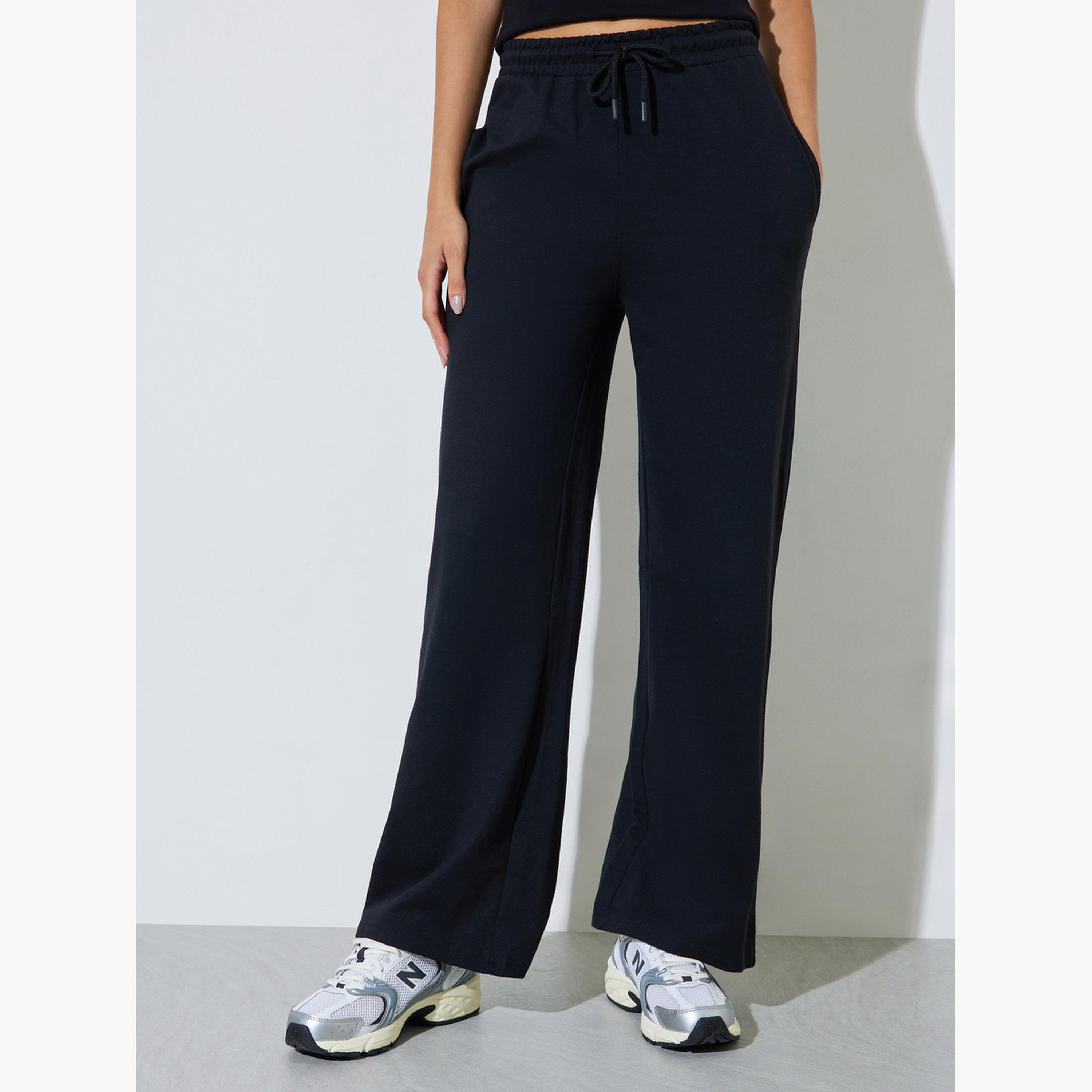 Styli Black Cotton Blend Wide Leg Joggers-women-clothing-bottoms-joggers-image-1