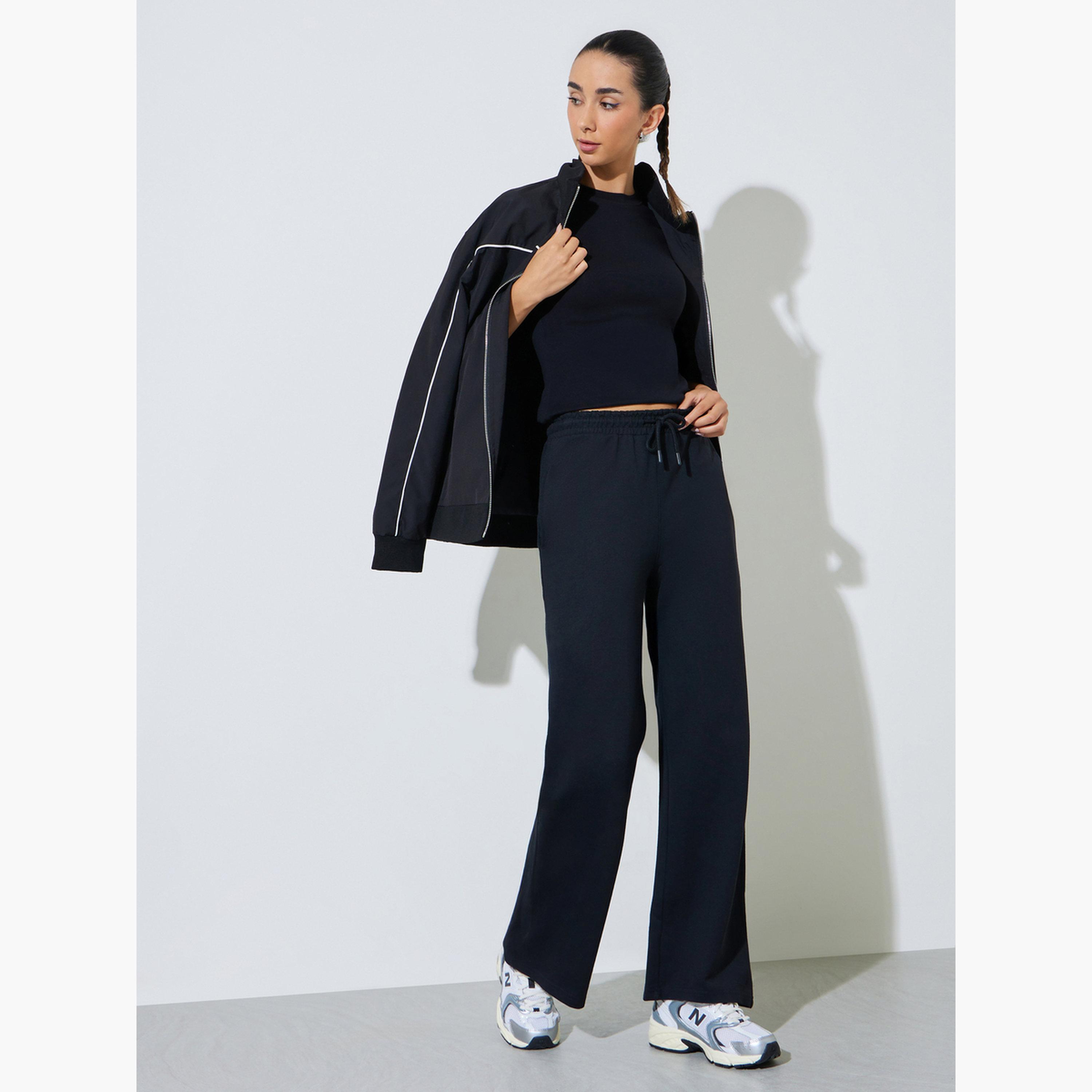 Styli Black Cotton Blend Wide Leg Joggers-women-clothing-bottoms-joggers-image-2