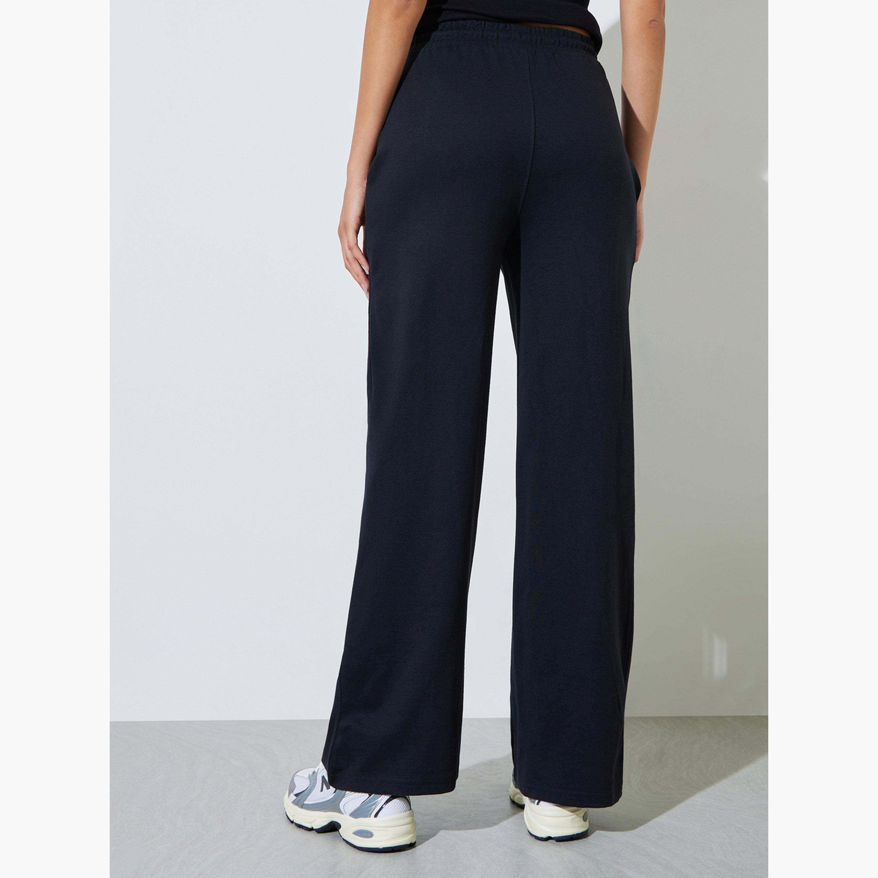 Styli Black Cotton Blend Wide Leg Joggers-women-clothing-bottoms-joggers-image-4