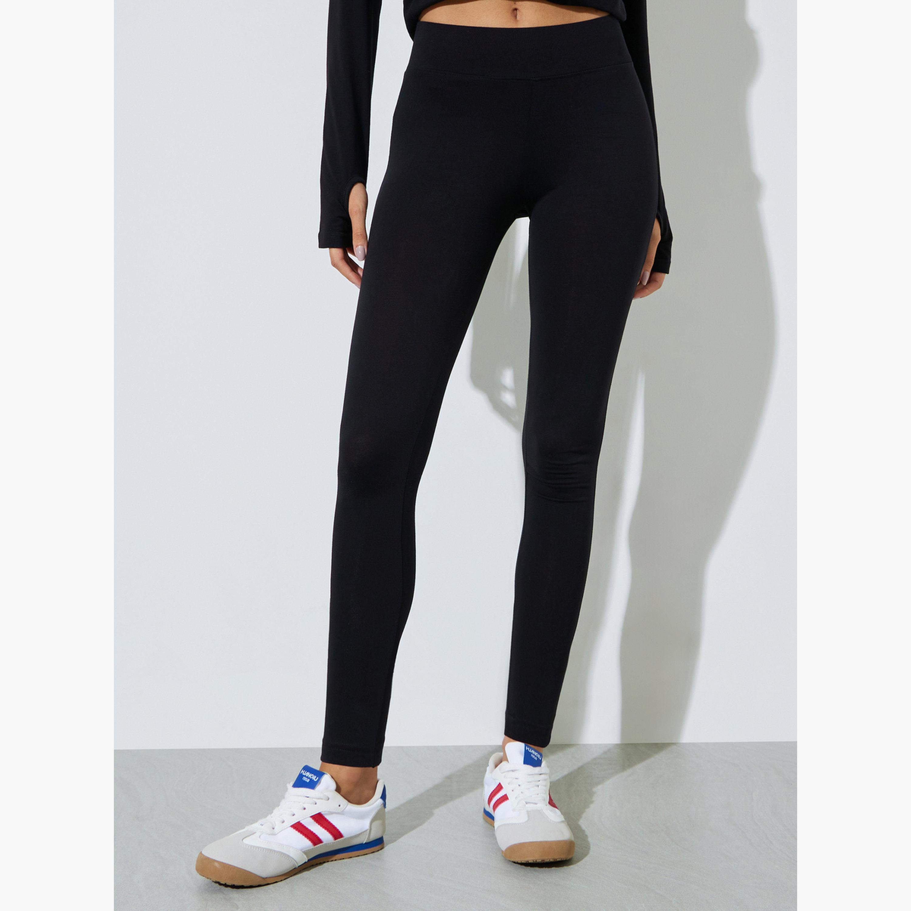 Styli Black Cotton Lycra Wide Waistband Leggings-women-clothing-bottoms-leggings-image-1